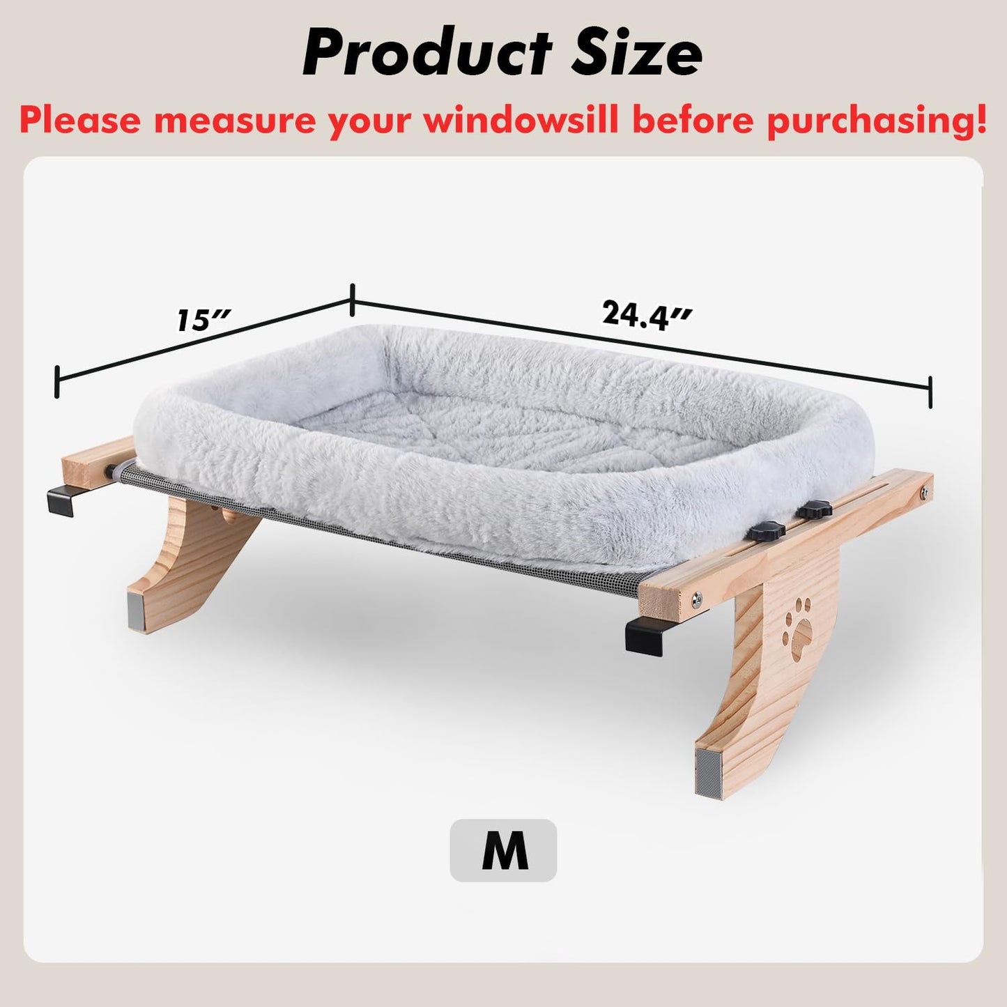 AMOSIJOY Cat Sill Window Perch Sturdy Hammock Window Seat with Cushion Bed Cover, Wood & Metal Frame for Large Cats, Easy to Adjust Cat Bed for Windowsill, Bedside, Drawer and Cabinet (M)