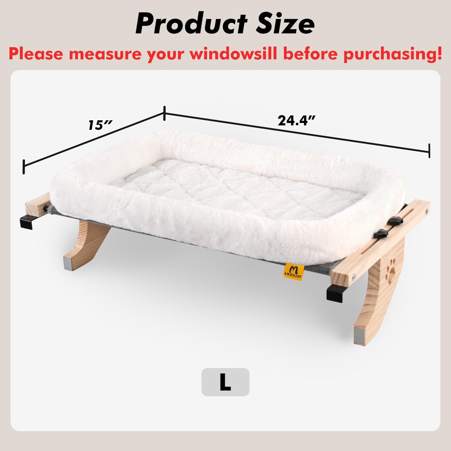 AMOSIJOY Cat Sill Window Perch Sturdy Hammock Window Seat with Cushion Bed Cover, Wood & Metal Frame for Large Cats, Easy to Adjust Cat Bed for Windowsill, Bedside, Drawer and Cabinet (M)
