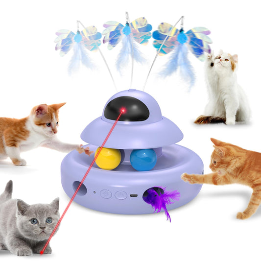 Interactive Cat Toys for Indoor Cats,4-in-1 Automatic Kitten Toy,Motion Activated Electronic Fluttering Butterfly,Track Balls, Moving Feather Toys for All Breeds,USB Rechargeable