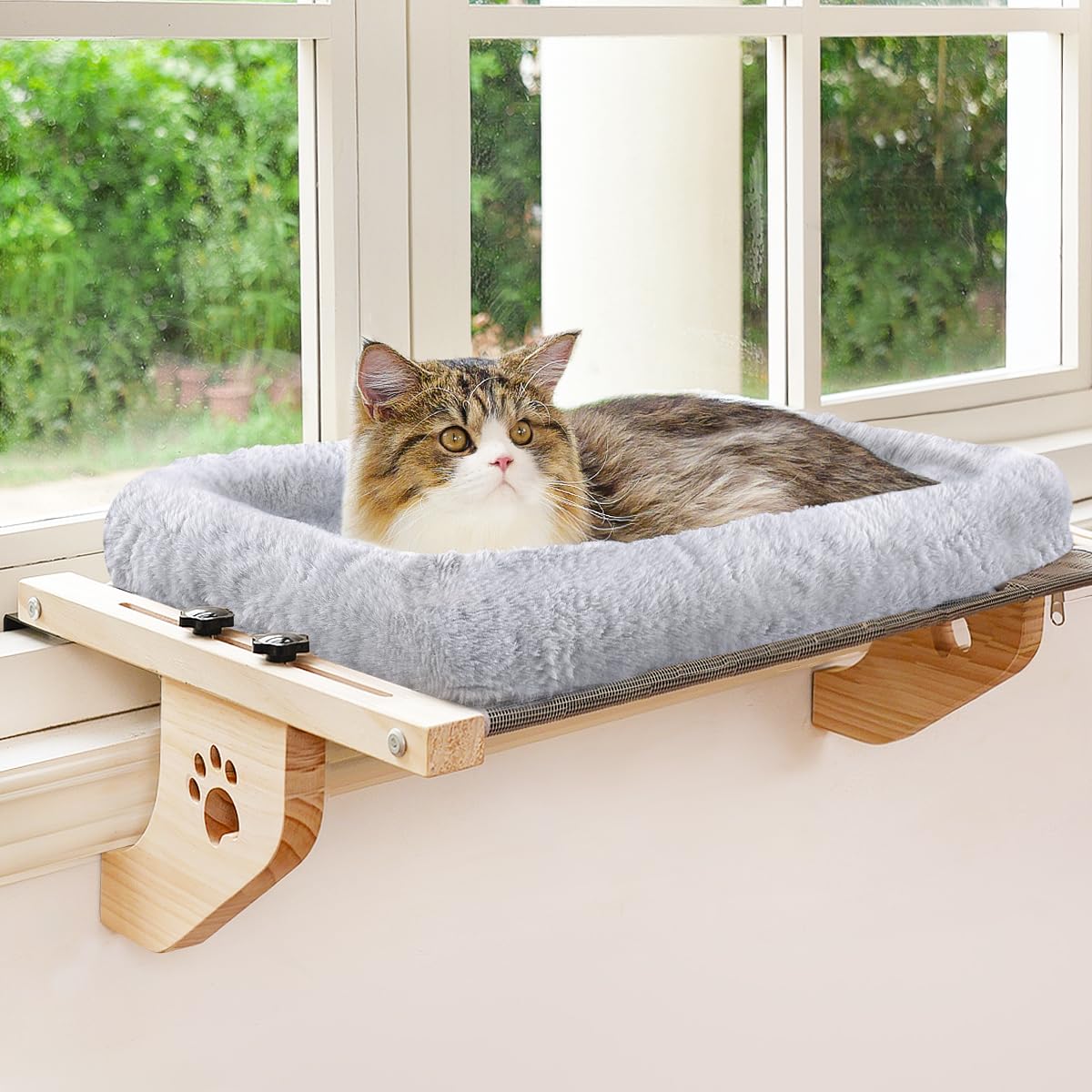 AMOSIJOY Cat Sill Window Perch Sturdy Hammock Window Seat with Cushion Bed Cover, Wood & Metal Frame for Large Cats, Easy to Adjust Cat Bed for Windowsill, Bedside, Drawer and Cabinet (M)