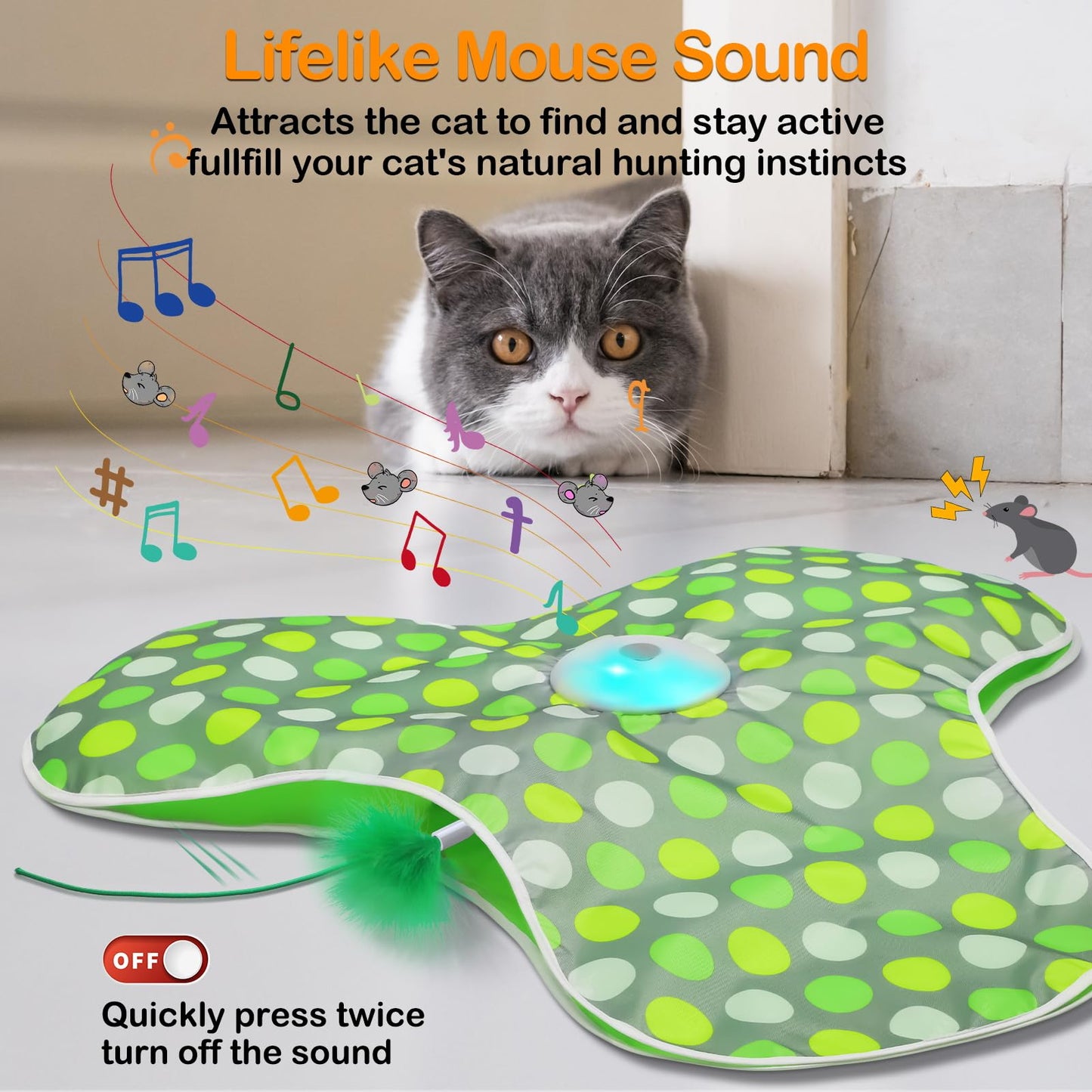 Interactive Cat Toys Rechargeable,Moving Concealed Feathers,Real Mouse Squeaky,Touch Activated Cat Kitten Toy Exercise Toys for Indoor Bored Adult Cats