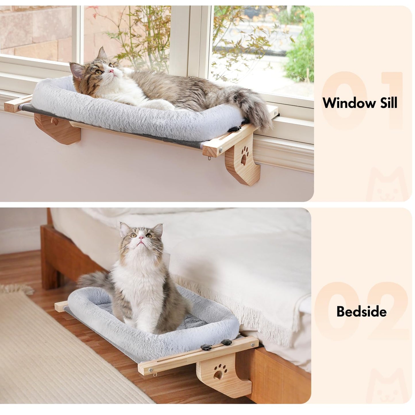 AMOSIJOY Cat Sill Window Perch Sturdy Hammock Window Seat with Cushion Bed Cover, Wood & Metal Frame for Large Cats, Easy to Adjust Cat Bed for Windowsill, Bedside, Drawer and Cabinet (M)