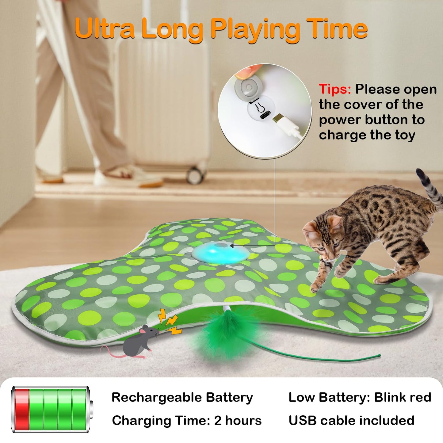 Interactive Cat Toys Rechargeable,Moving Concealed Feathers,Real Mouse Squeaky,Touch Activated Cat Kitten Toy Exercise Toys for Indoor Bored Adult Cats