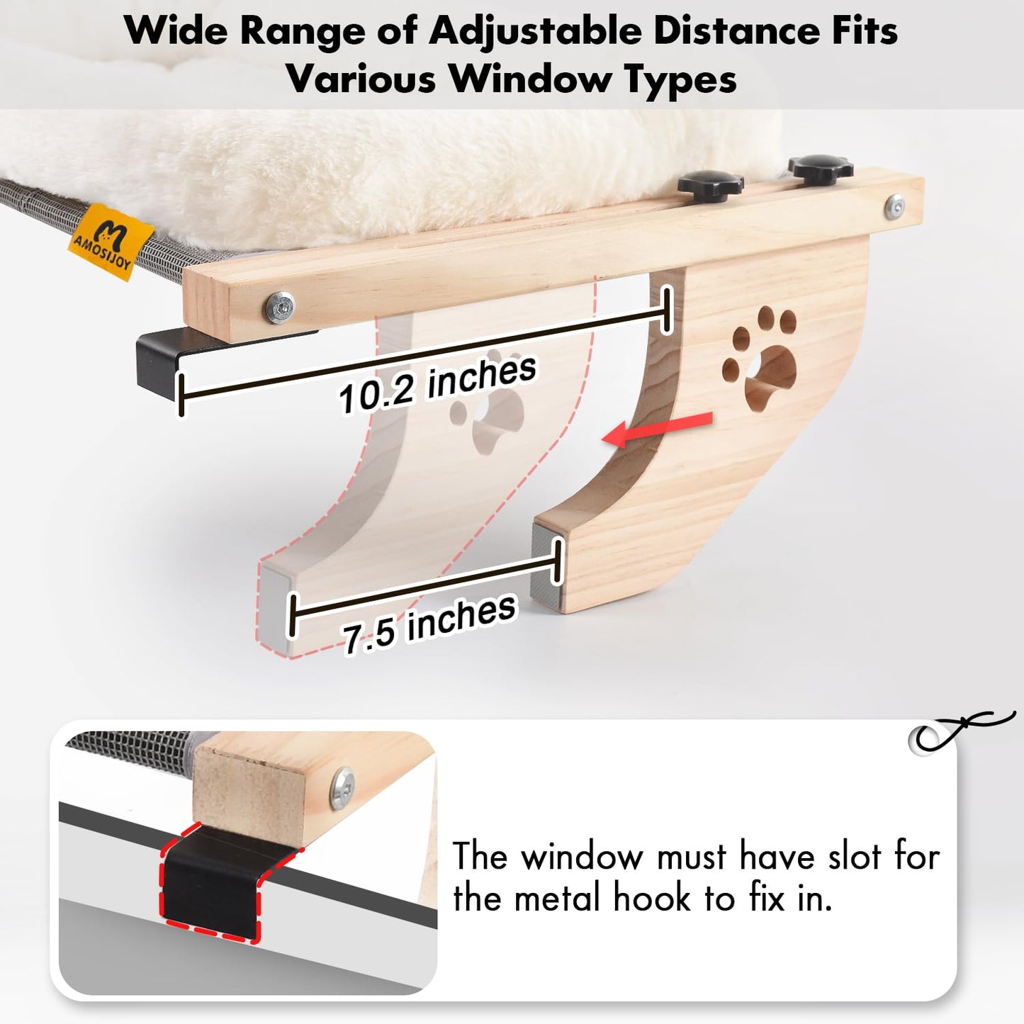 AMOSIJOY Cat Sill Window Perch Sturdy Hammock Window Seat with Cushion Bed Cover, Wood & Metal Frame for Large Cats, Easy to Adjust Cat Bed for Windowsill, Bedside, Drawer and Cabinet (M)