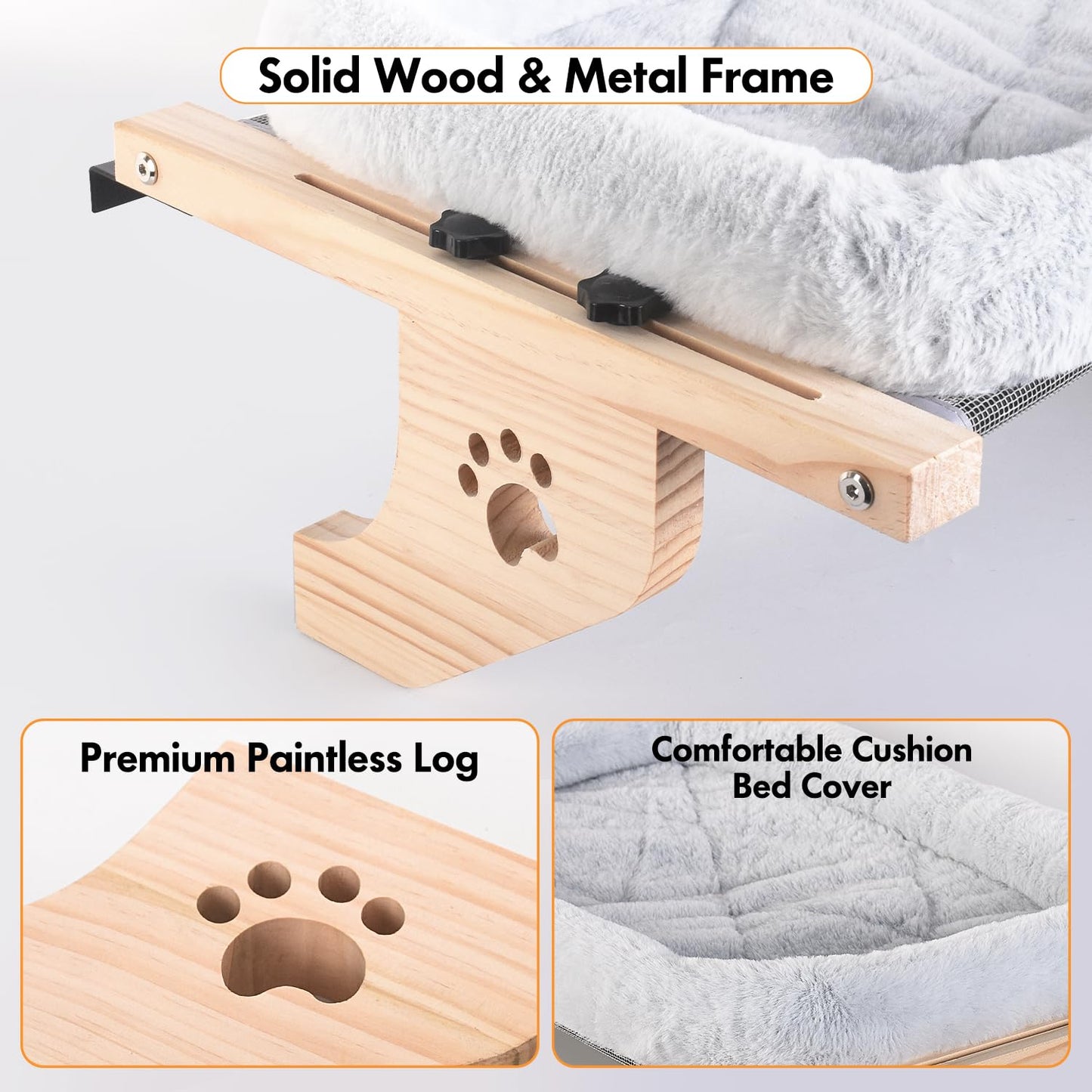 AMOSIJOY Cat Sill Window Perch Sturdy Hammock Window Seat with Cushion Bed Cover, Wood & Metal Frame for Large Cats, Easy to Adjust Cat Bed for Windowsill, Bedside, Drawer and Cabinet (M)