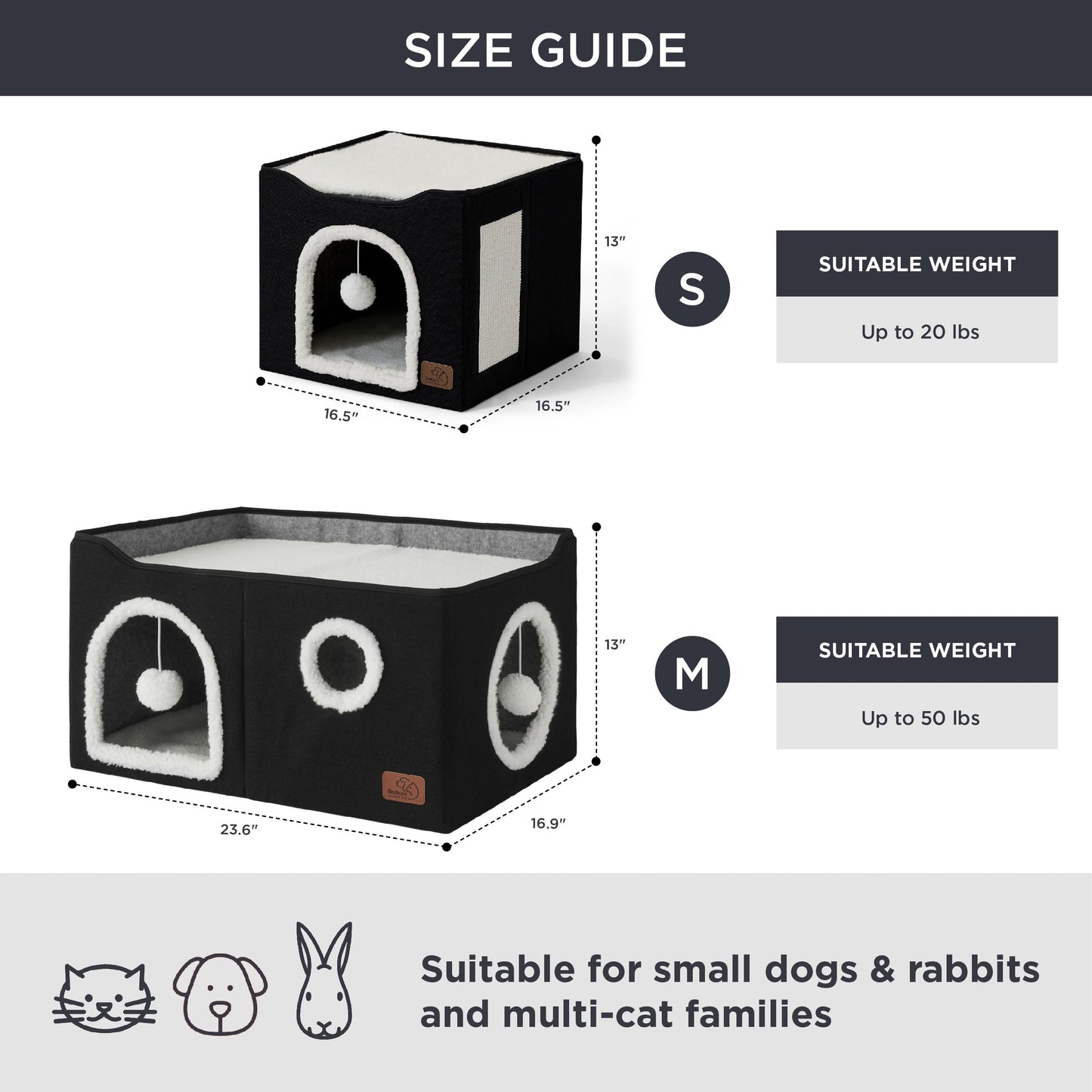 Bedsure Cat Beds for Indoor Cats - Large Cat Cave for Pet Cat House with Fluffy Ball Hanging and Scratch Pad, Foldable Cat Hideaway, 16.5x16.5x13 inches, Grey