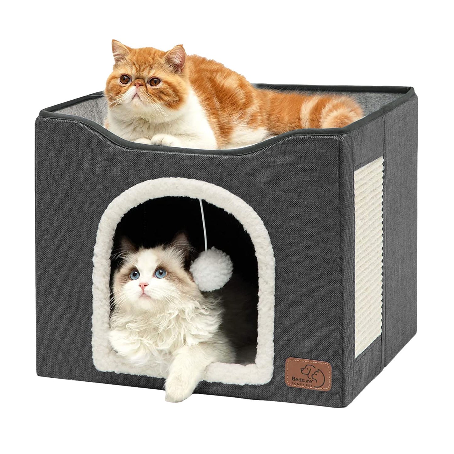 Bedsure Cat Beds for Indoor Cats - Large Cat Cave for Pet Cat House with Fluffy Ball Hanging and Scratch Pad, Foldable Cat Hideaway, 16.5x16.5x13 inches, Grey