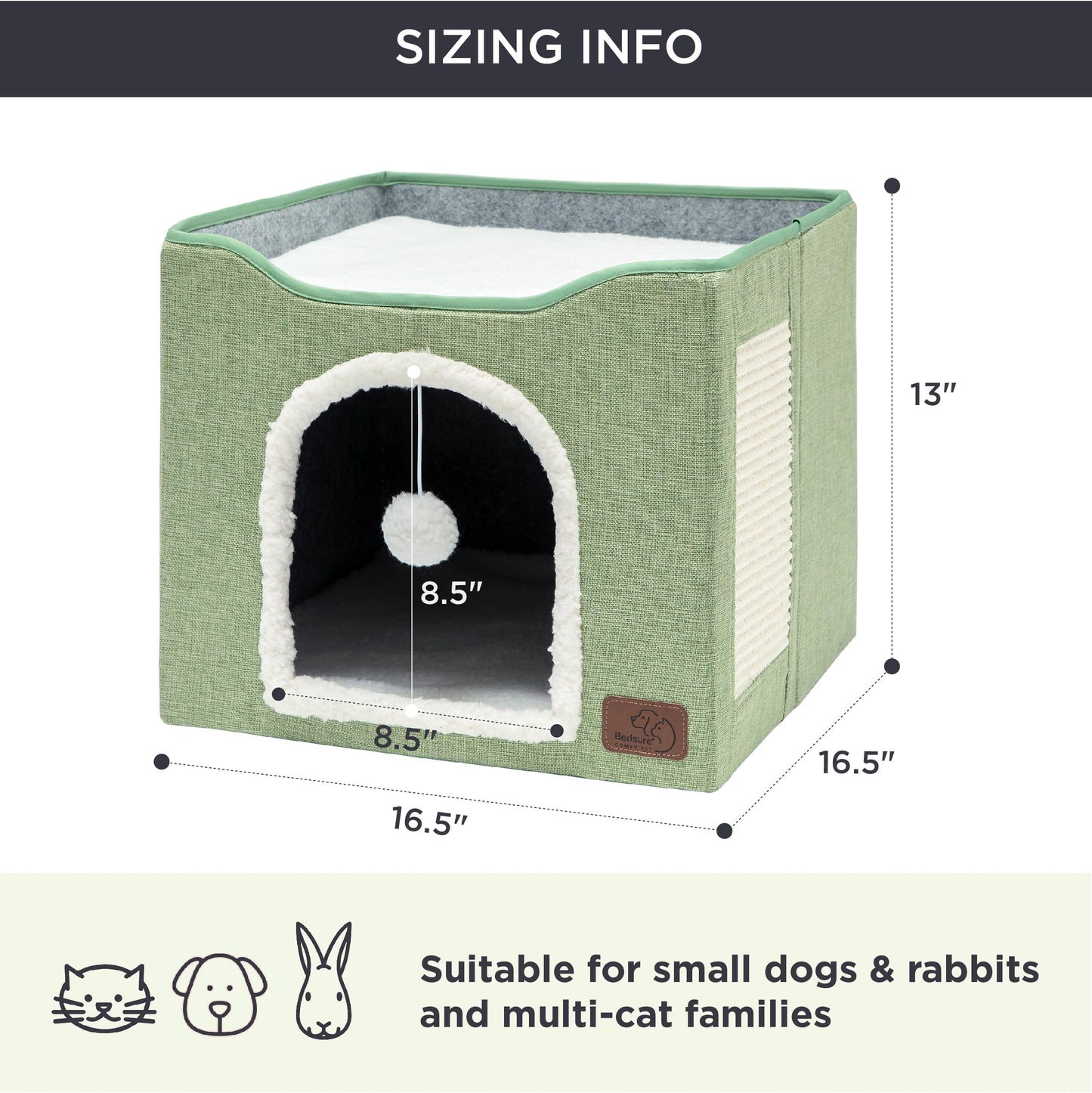 Bedsure Cat Beds for Indoor Cats - Large Cat Cave for Pet Cat House with Fluffy Ball Hanging and Scratch Pad, Foldable Cat Hideaway, 16.5x16.5x13 inches, Grey