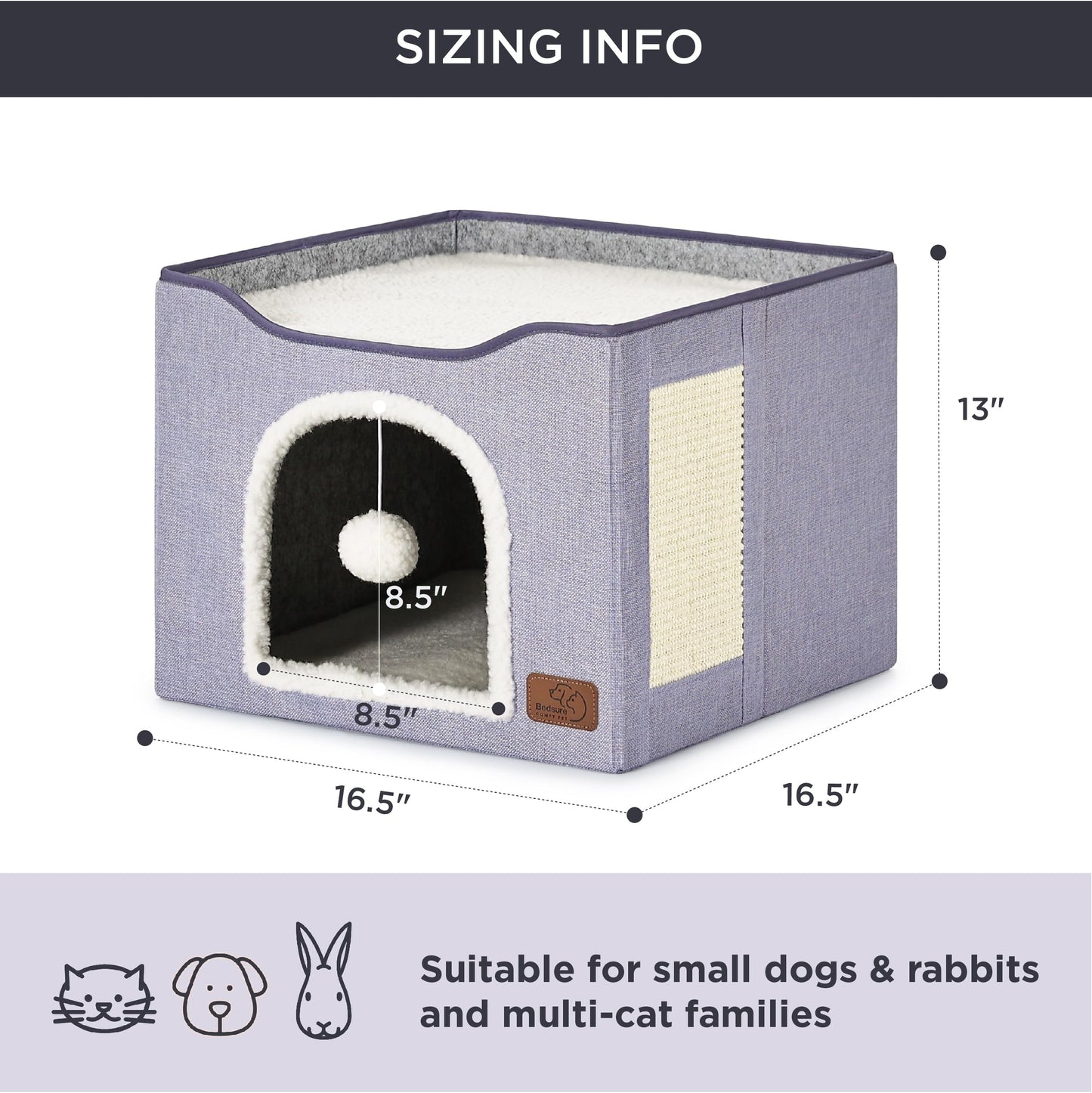 Bedsure Cat Beds for Indoor Cats - Large Cat Cave for Pet Cat House with Fluffy Ball Hanging and Scratch Pad, Foldable Cat Hideaway, 16.5x16.5x13 inches, Grey