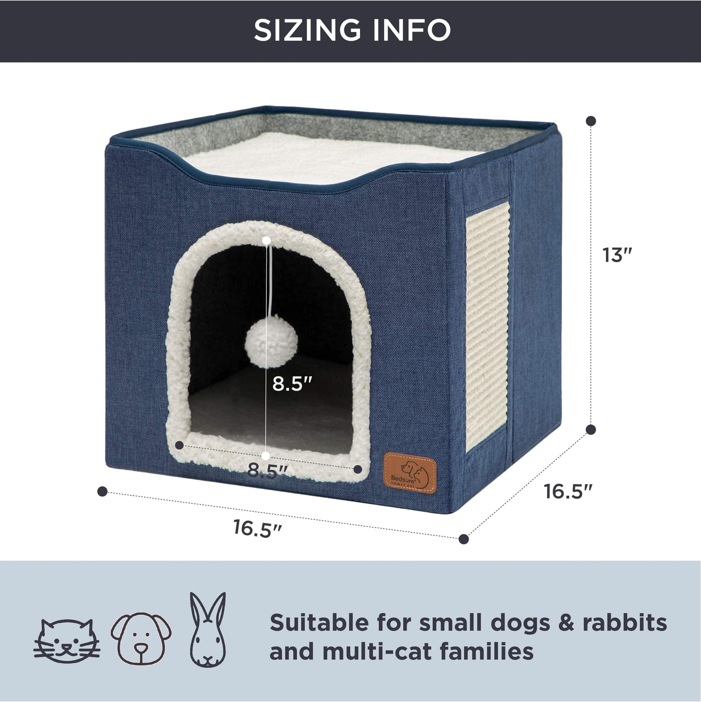 Bedsure Cat Beds for Indoor Cats - Large Cat Cave for Pet Cat House with Fluffy Ball Hanging and Scratch Pad, Foldable Cat Hideaway, 16.5x16.5x13 inches, Grey