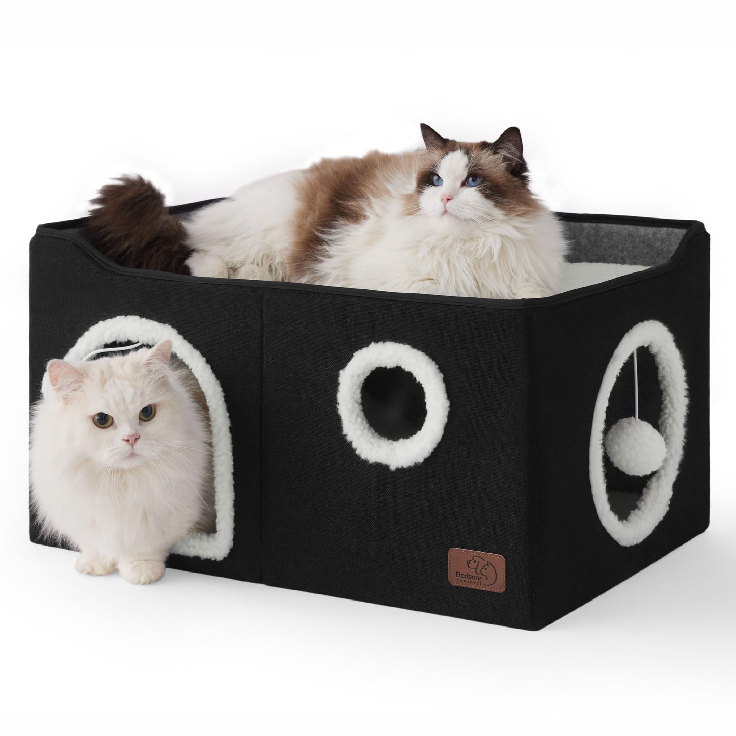 Bedsure Cat Beds for Indoor Cats - Large Cat Cave for Pet Cat House with Fluffy Ball Hanging and Scratch Pad, Foldable Cat Hideaway, 16.5x16.5x13 inches, Grey