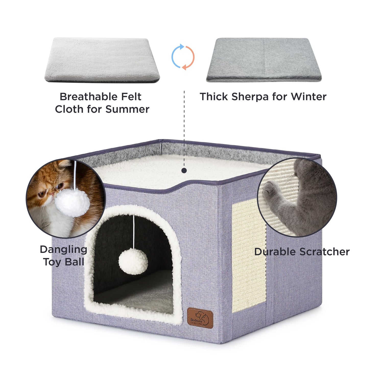Bedsure Cat Beds for Indoor Cats - Large Cat Cave for Pet Cat House with Fluffy Ball Hanging and Scratch Pad, Foldable Cat Hideaway, 16.5x16.5x13 inches, Grey