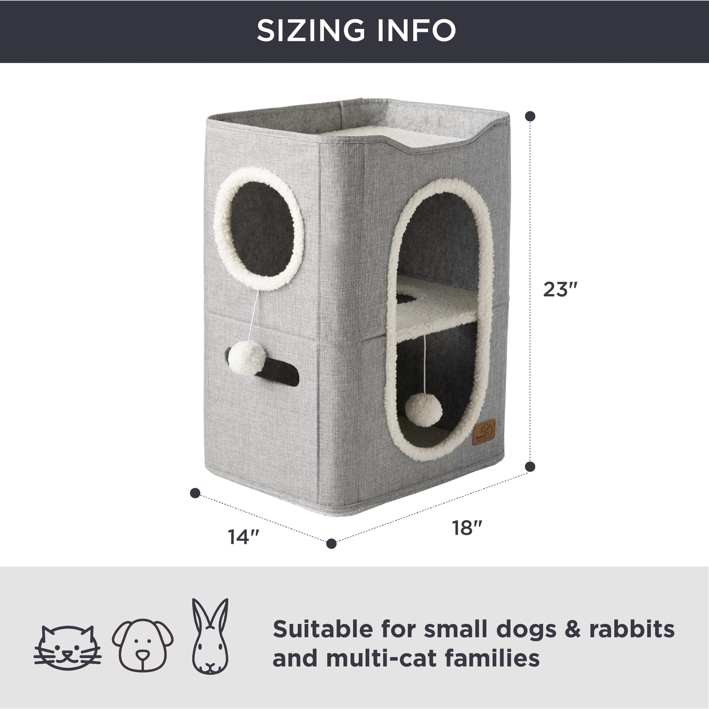 Bedsure Cat Beds for Indoor Cats - Large Cat Cave for Pet Cat House with Fluffy Ball Hanging and Scratch Pad, Foldable Cat Hideaway, 16.5x16.5x13 inches, Grey