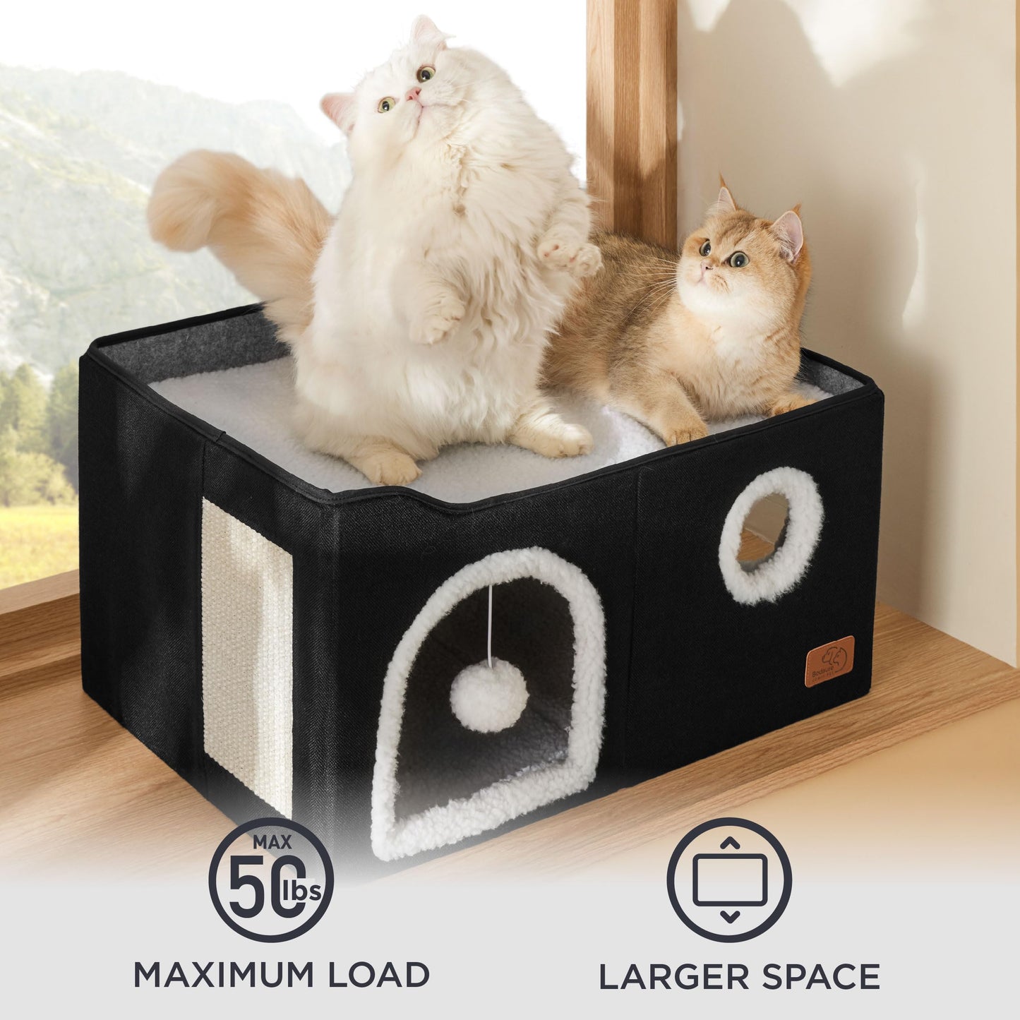 Bedsure Cat Beds for Indoor Cats - Large Cat Cave for Pet Cat House with Fluffy Ball Hanging and Scratch Pad, Foldable Cat Hideaway, 16.5x16.5x13 inches, Grey