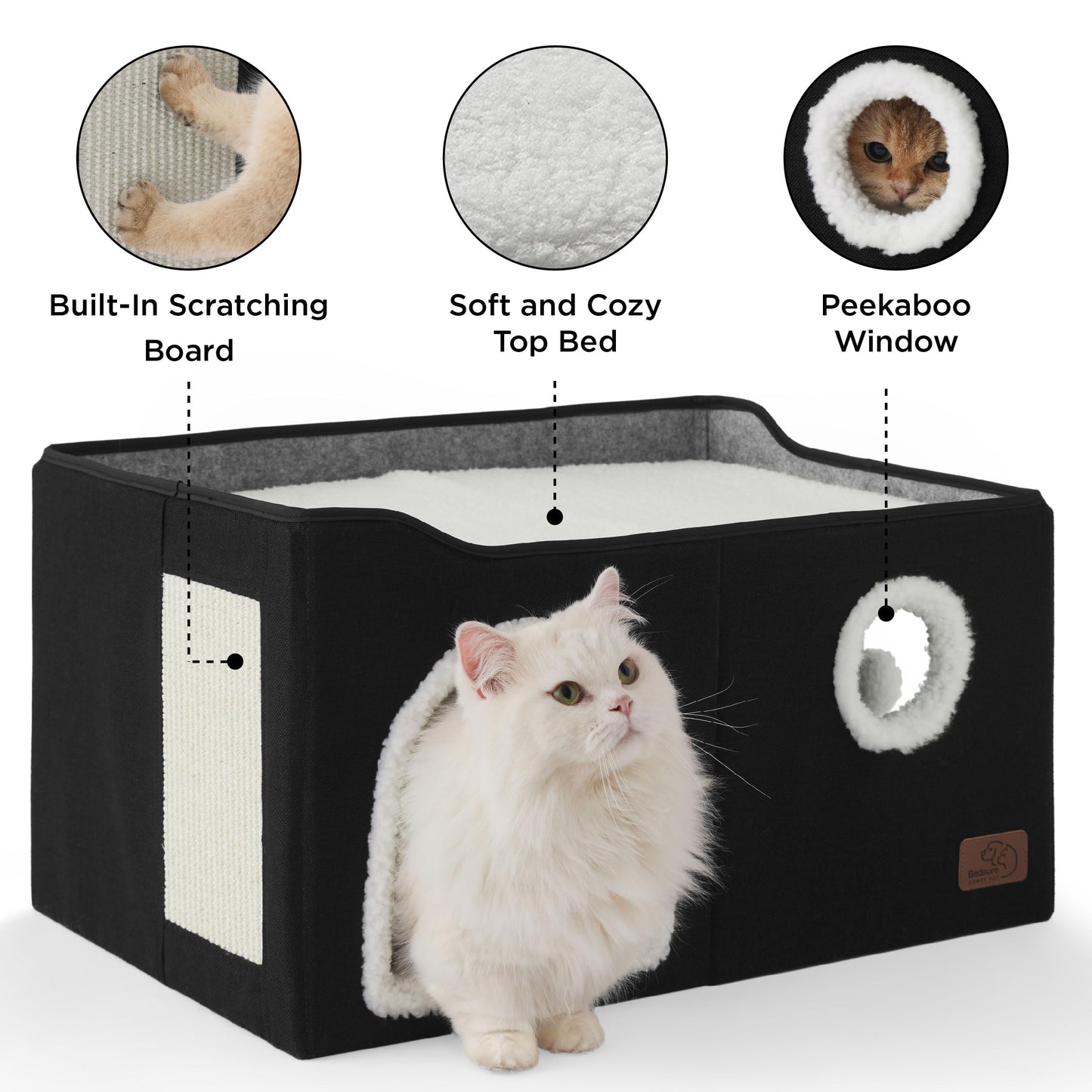 Bedsure Cat Beds for Indoor Cats - Large Cat Cave for Pet Cat House with Fluffy Ball Hanging and Scratch Pad, Foldable Cat Hideaway, 16.5x16.5x13 inches, Grey
