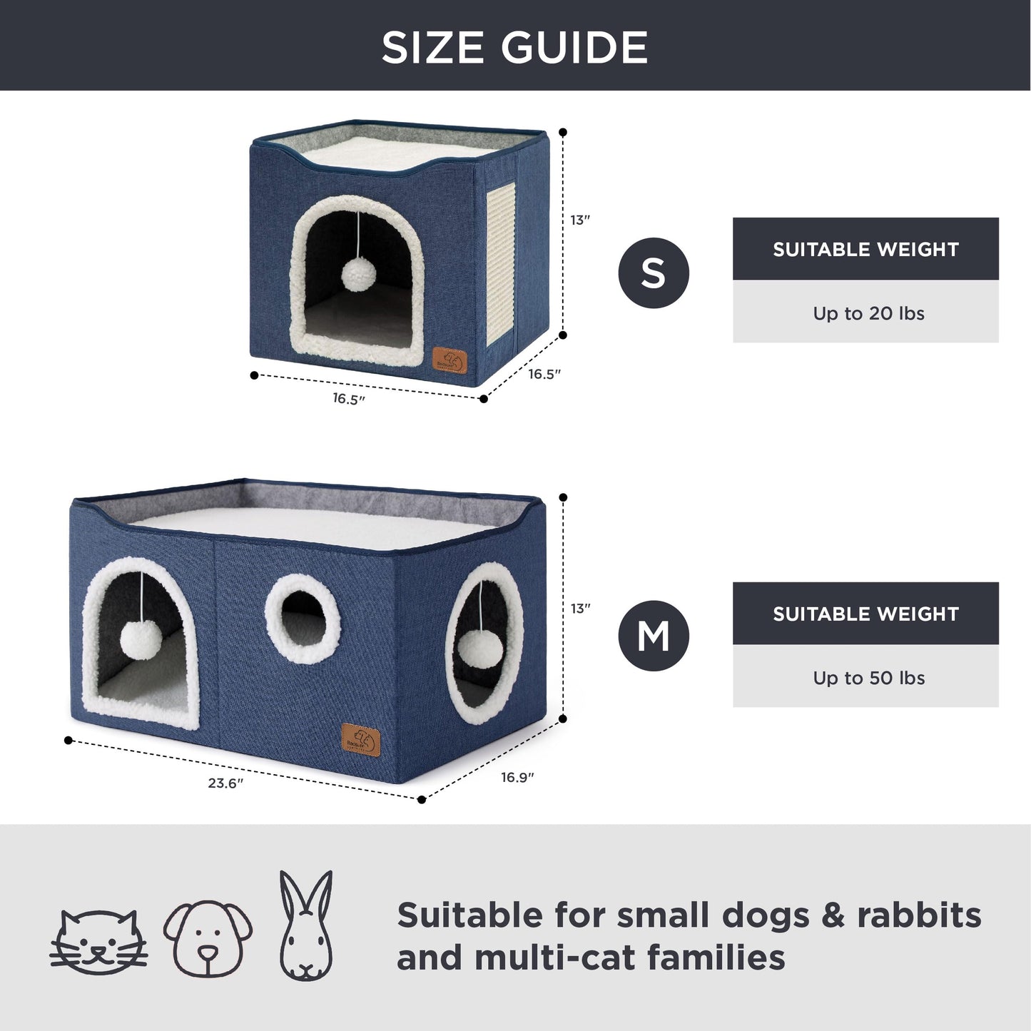 Bedsure Cat Beds for Indoor Cats - Large Cat Cave for Pet Cat House with Fluffy Ball Hanging and Scratch Pad, Foldable Cat Hideaway, 16.5x16.5x13 inches, Grey