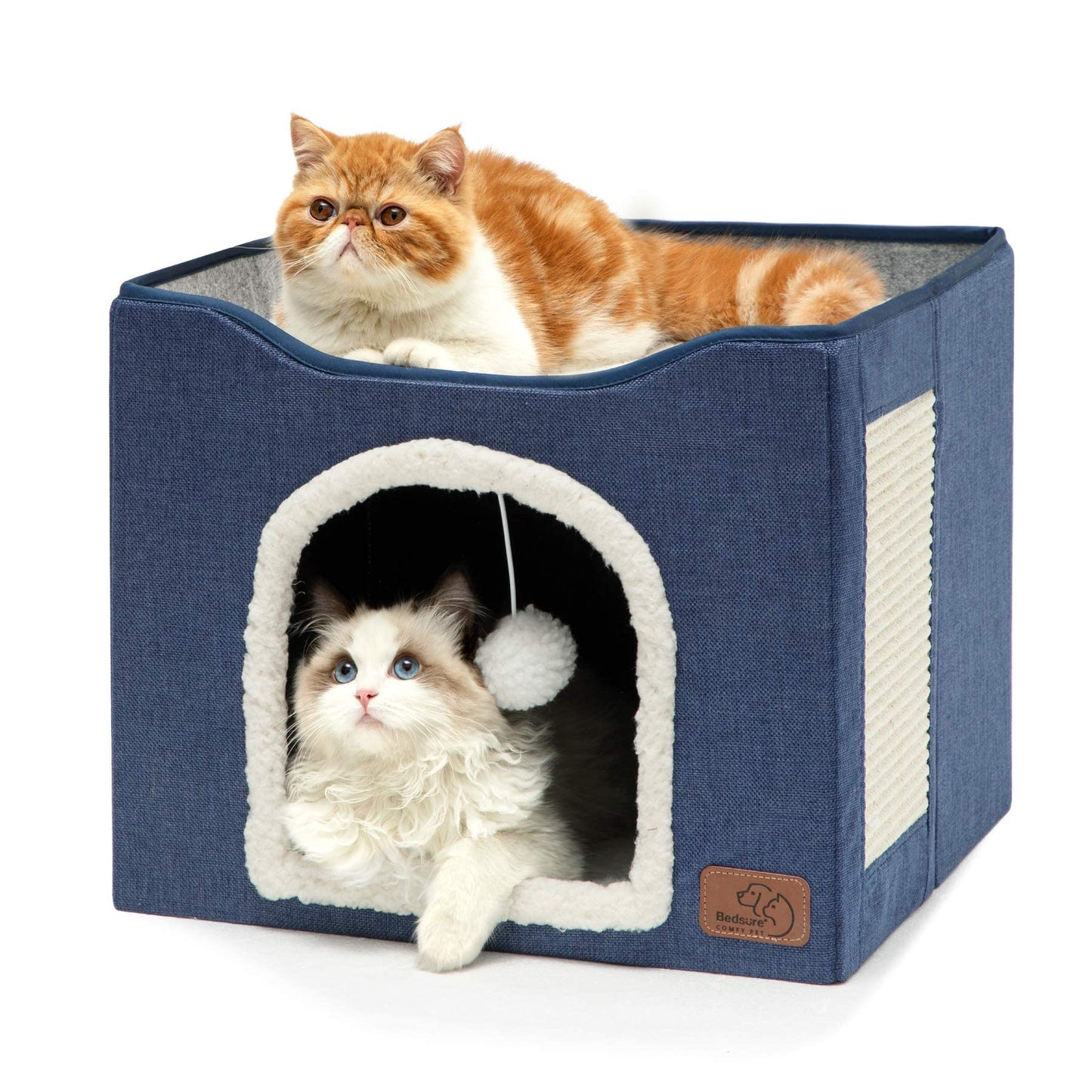 Bedsure Cat Beds for Indoor Cats - Large Cat Cave for Pet Cat House with Fluffy Ball Hanging and Scratch Pad, Foldable Cat Hideaway, 16.5x16.5x13 inches, Grey