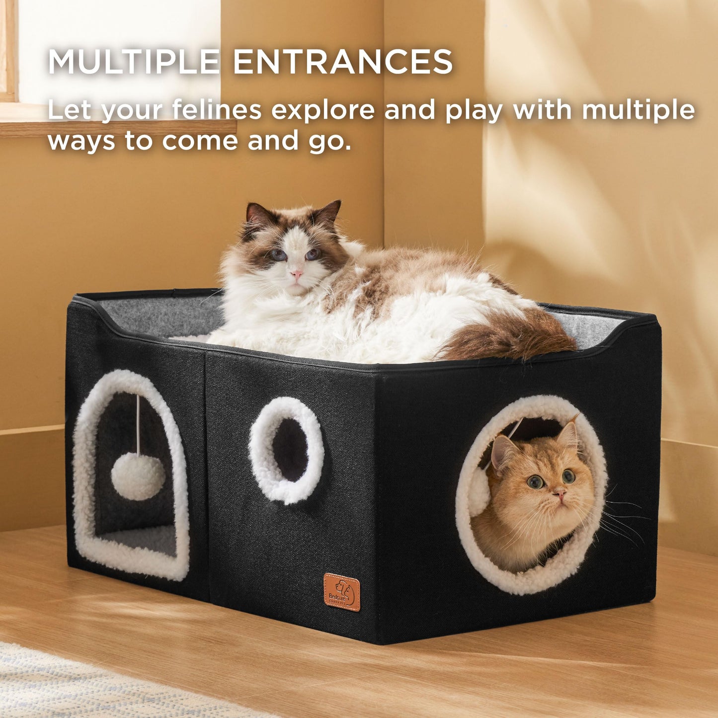 Bedsure Cat Beds for Indoor Cats - Large Cat Cave for Pet Cat House with Fluffy Ball Hanging and Scratch Pad, Foldable Cat Hideaway, 16.5x16.5x13 inches, Grey