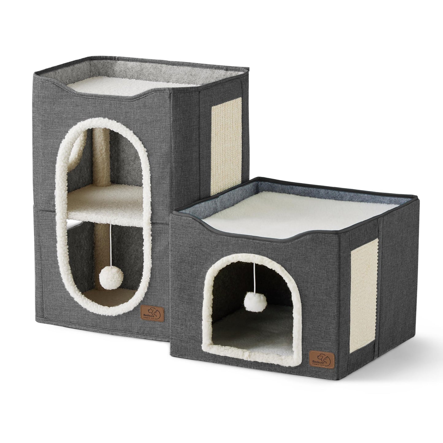 Bedsure Cat Beds for Indoor Cats - Large Cat Cave for Pet Cat House with Fluffy Ball Hanging and Scratch Pad, Foldable Cat Hideaway, 16.5x16.5x13 inches, Grey