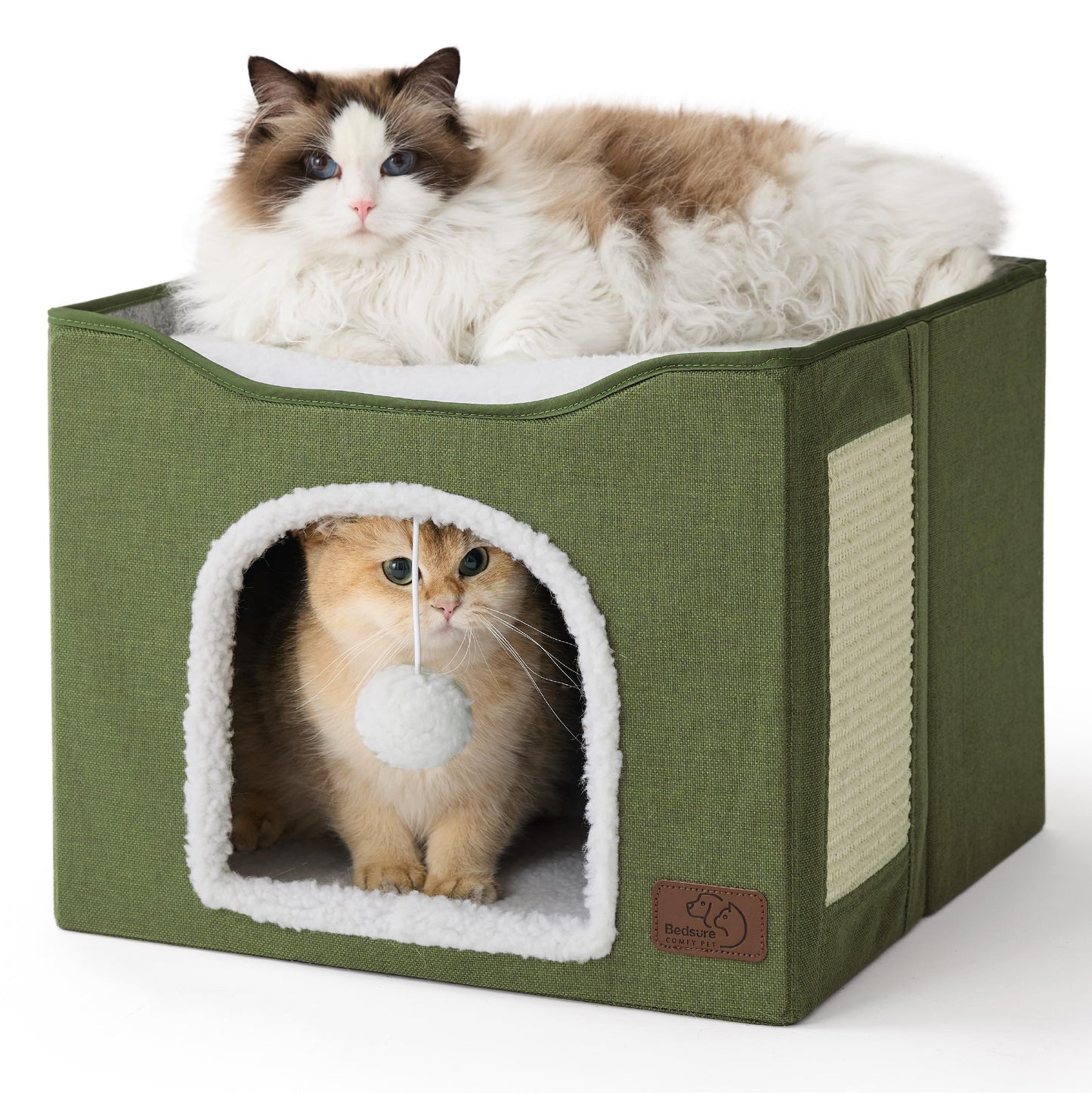Bedsure Cat Beds for Indoor Cats - Large Cat Cave for Pet Cat House with Fluffy Ball Hanging and Scratch Pad, Foldable Cat Hideaway, 16.5x16.5x13 inches, Grey