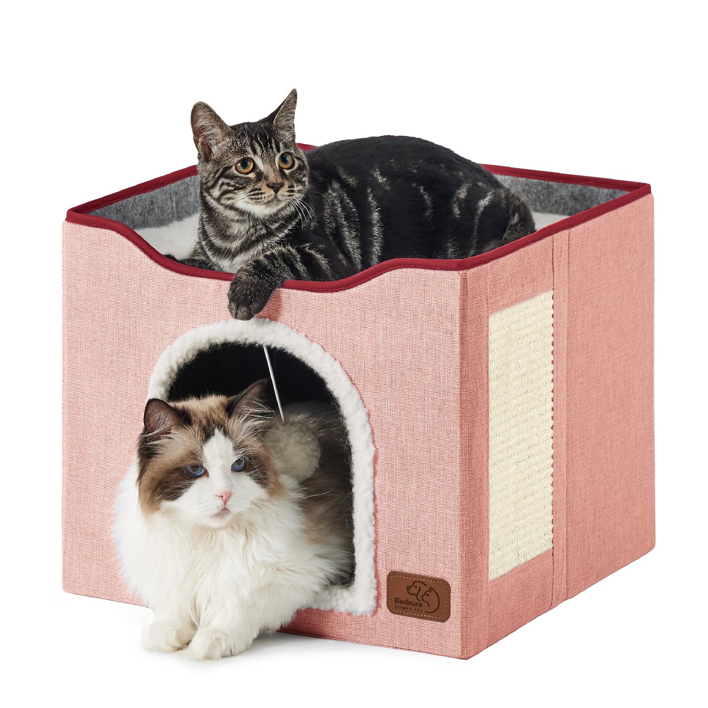 Bedsure Cat Beds for Indoor Cats - Large Cat Cave for Pet Cat House with Fluffy Ball Hanging and Scratch Pad, Foldable Cat Hideaway, 16.5x16.5x13 inches, Grey