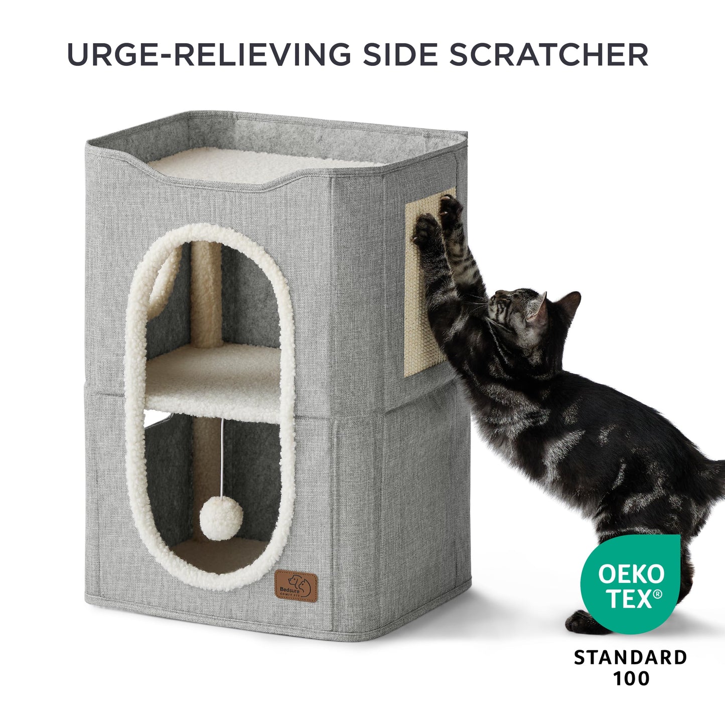 Bedsure Cat Beds for Indoor Cats - Large Cat Cave for Pet Cat House with Fluffy Ball Hanging and Scratch Pad, Foldable Cat Hideaway, 16.5x16.5x13 inches, Grey