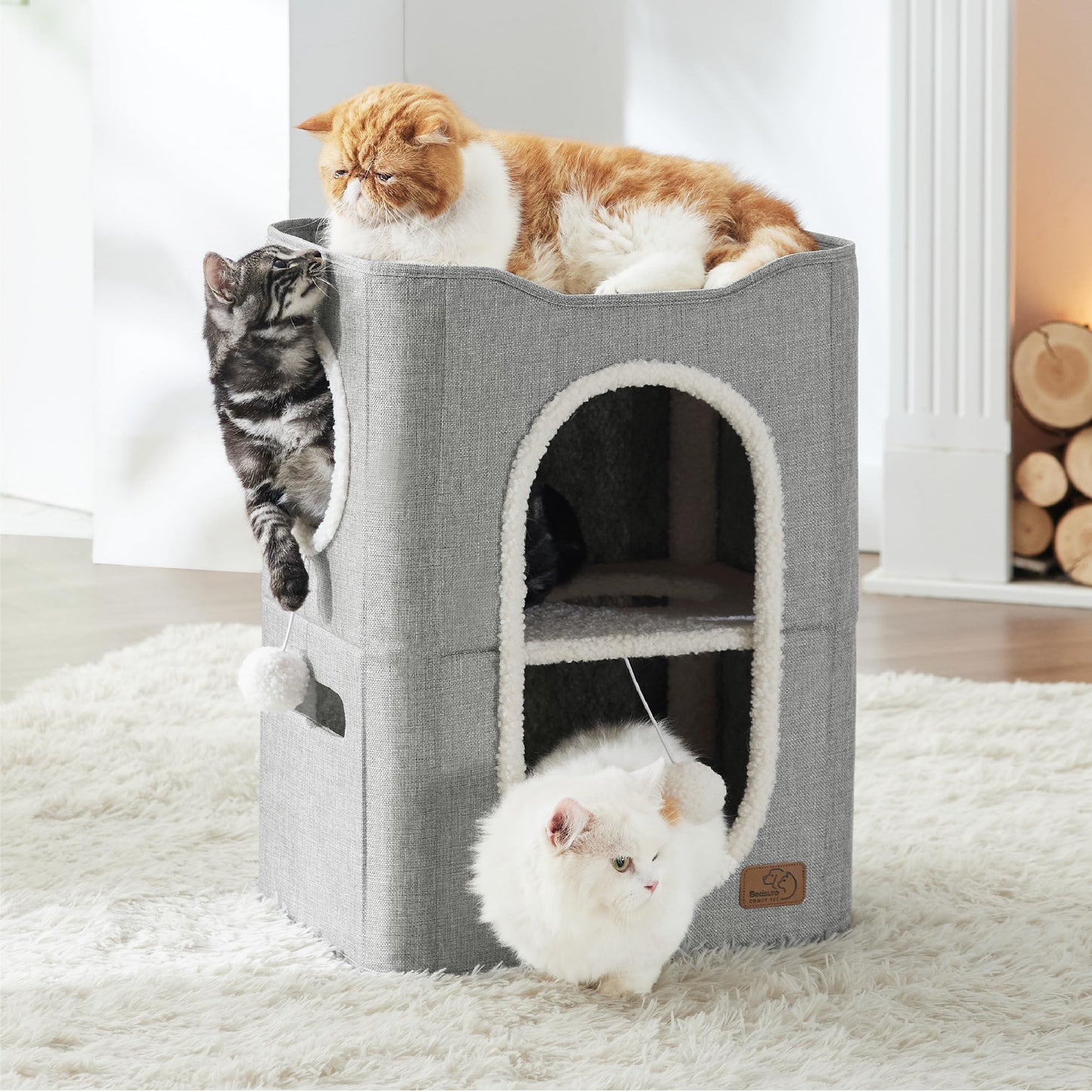 Bedsure Cat Beds for Indoor Cats - Large Cat Cave for Pet Cat House with Fluffy Ball Hanging and Scratch Pad, Foldable Cat Hideaway, 16.5x16.5x13 inches, Grey