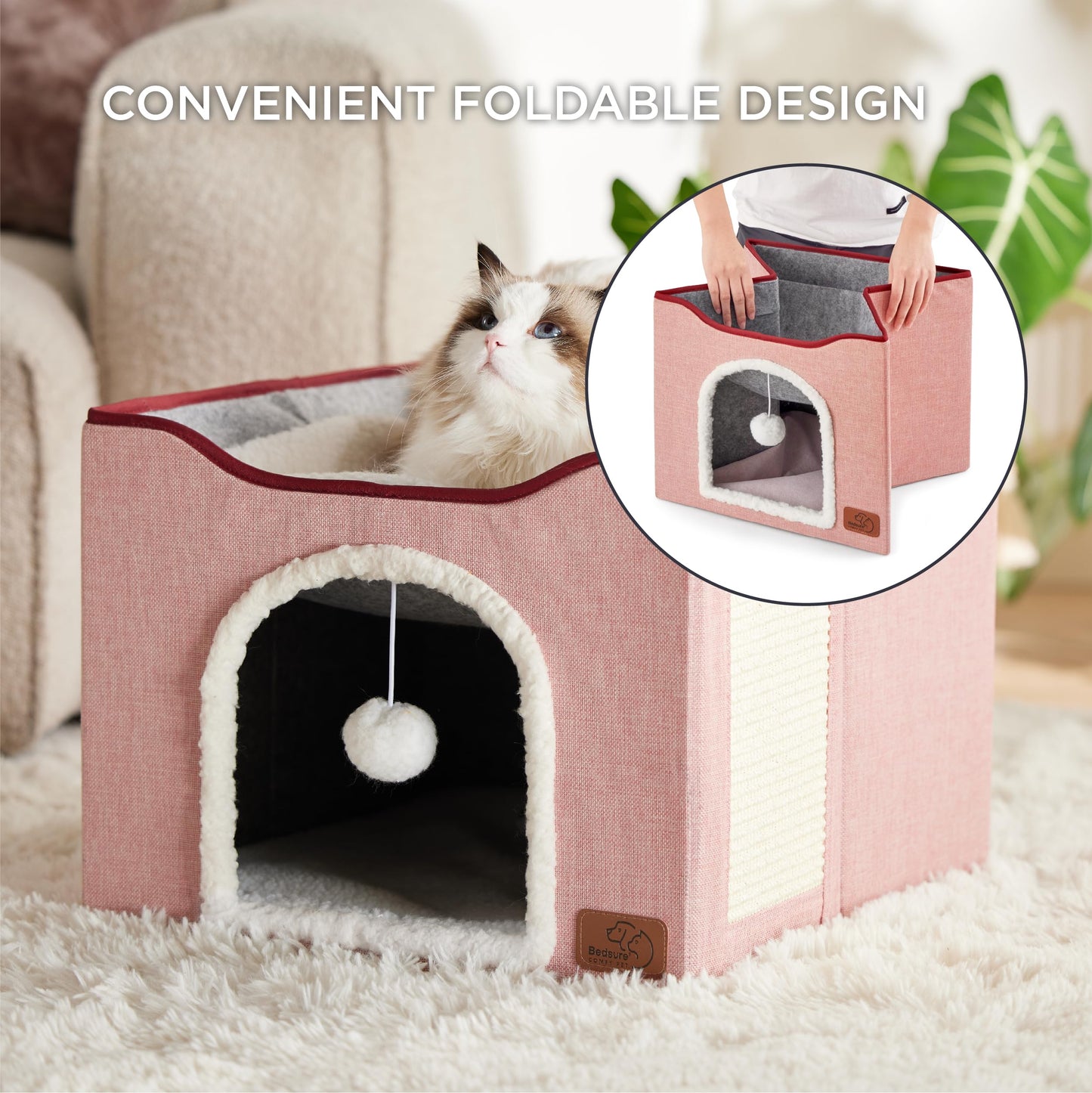 Bedsure Cat Beds for Indoor Cats - Large Cat Cave for Pet Cat House with Fluffy Ball Hanging and Scratch Pad, Foldable Cat Hideaway, 16.5x16.5x13 inches, Grey