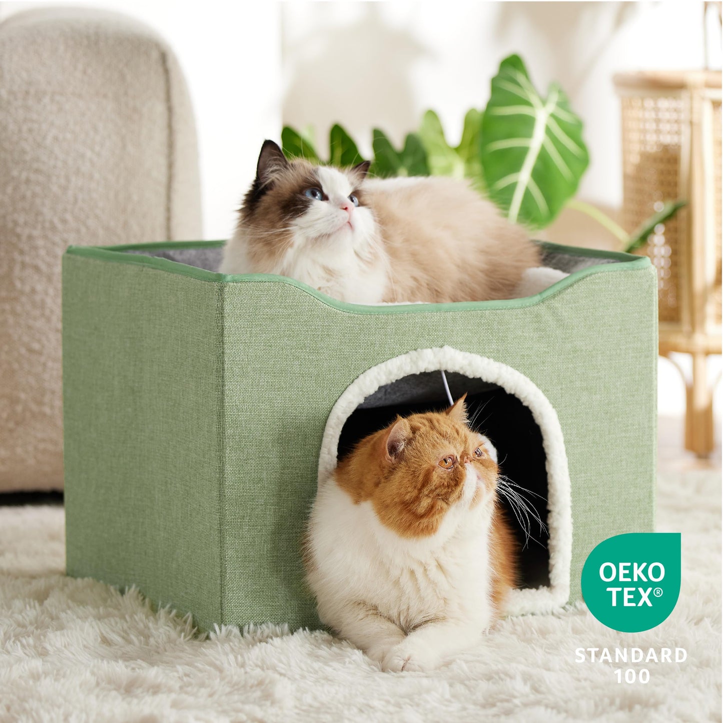 Bedsure Cat Beds for Indoor Cats - Large Cat Cave for Pet Cat House with Fluffy Ball Hanging and Scratch Pad, Foldable Cat Hideaway, 16.5x16.5x13 inches, Grey