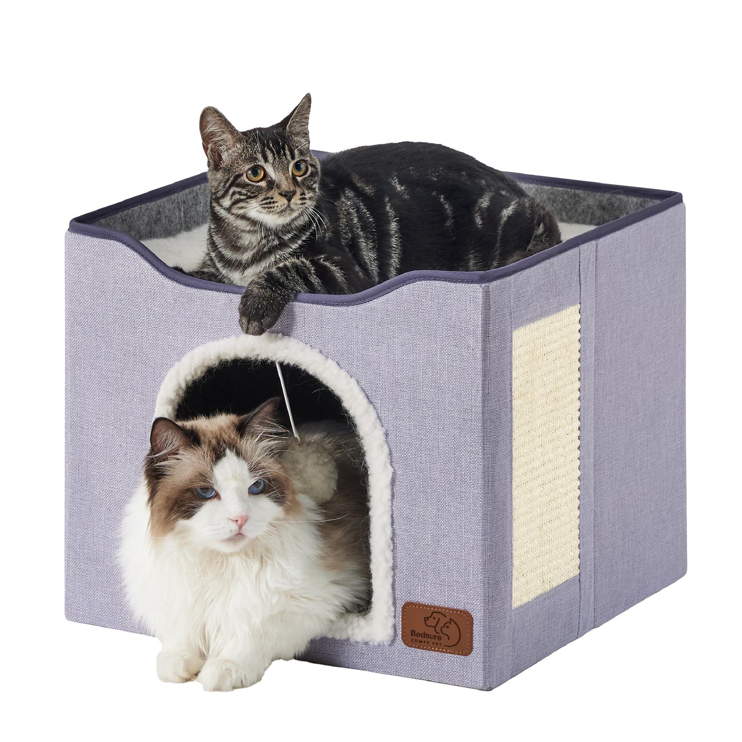 Bedsure Cat Beds for Indoor Cats - Large Cat Cave for Pet Cat House with Fluffy Ball Hanging and Scratch Pad, Foldable Cat Hideaway, 16.5x16.5x13 inches, Grey