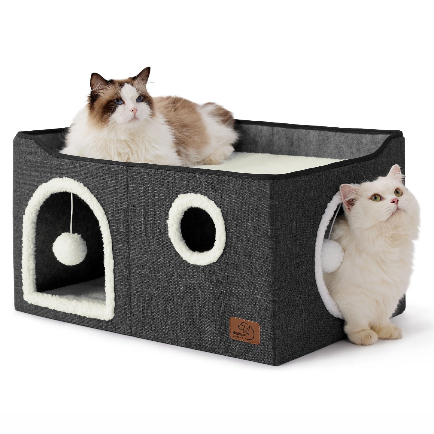 Bedsure Cat Beds for Indoor Cats - Large Cat Cave for Pet Cat House with Fluffy Ball Hanging and Scratch Pad, Foldable Cat Hideaway, 16.5x16.5x13 inches, Grey