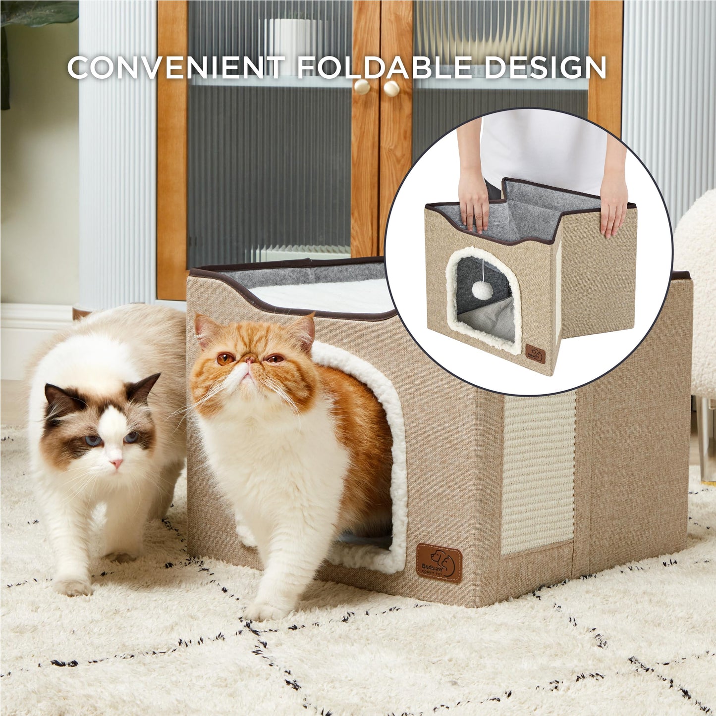Bedsure Cat Beds for Indoor Cats - Large Cat Cave for Pet Cat House with Fluffy Ball Hanging and Scratch Pad, Foldable Cat Hideaway, 16.5x16.5x13 inches, Grey