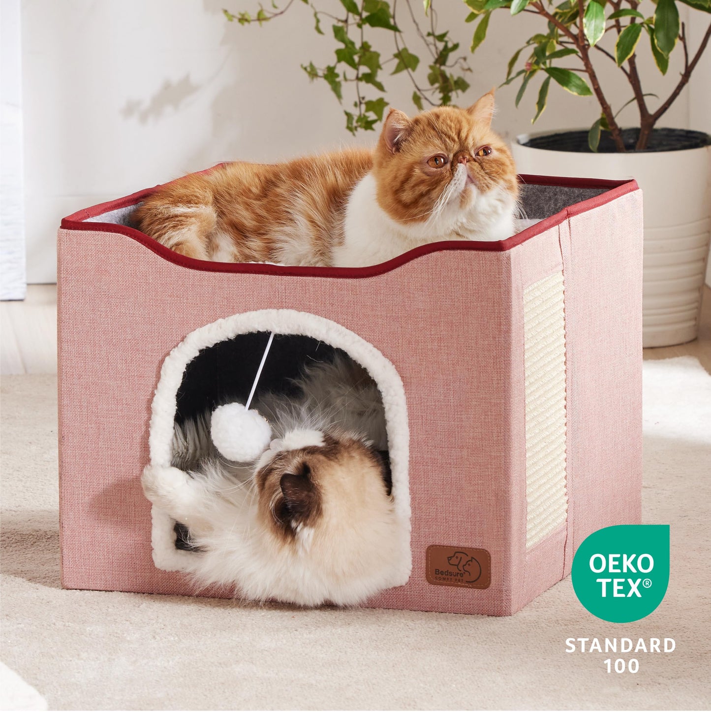 Bedsure Cat Beds for Indoor Cats - Large Cat Cave for Pet Cat House with Fluffy Ball Hanging and Scratch Pad, Foldable Cat Hideaway, 16.5x16.5x13 inches, Grey