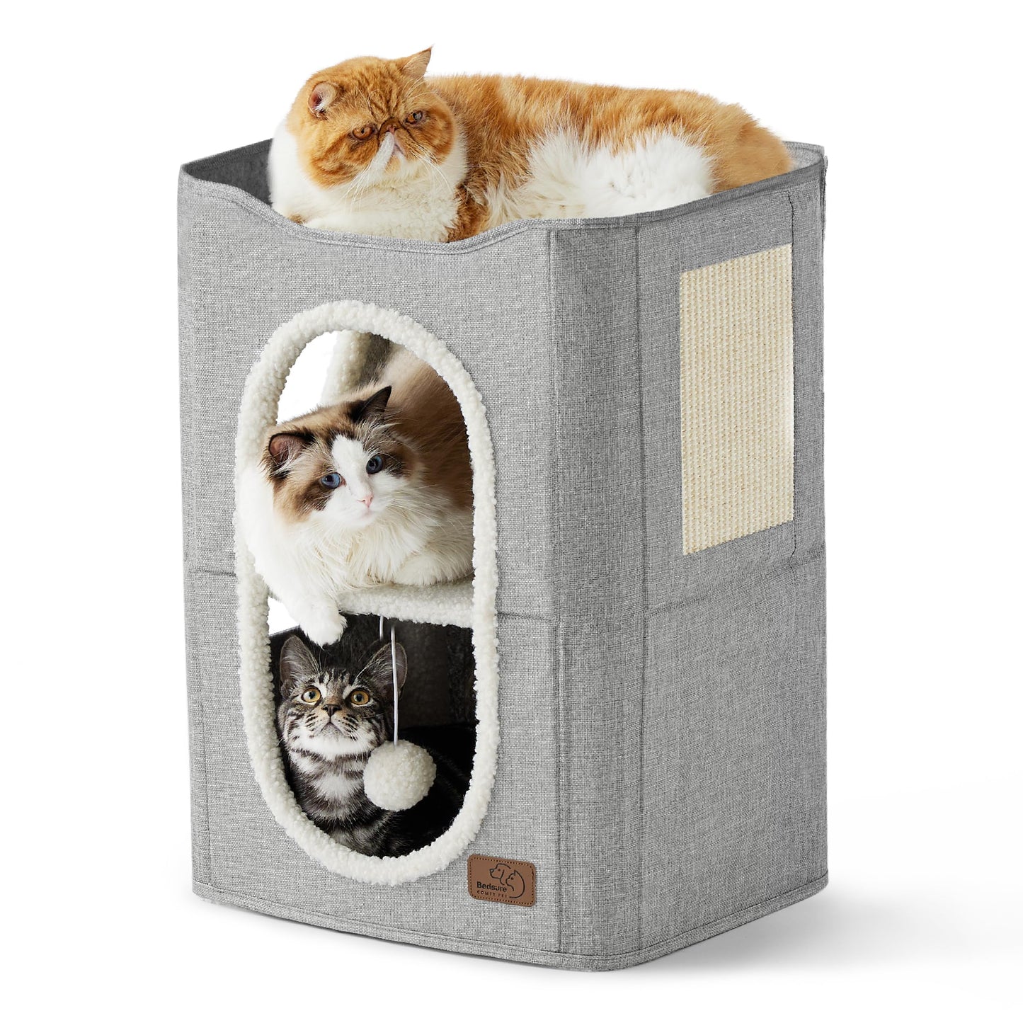 Bedsure Cat Beds for Indoor Cats - Large Cat Cave for Pet Cat House with Fluffy Ball Hanging and Scratch Pad, Foldable Cat Hideaway, 16.5x16.5x13 inches, Grey