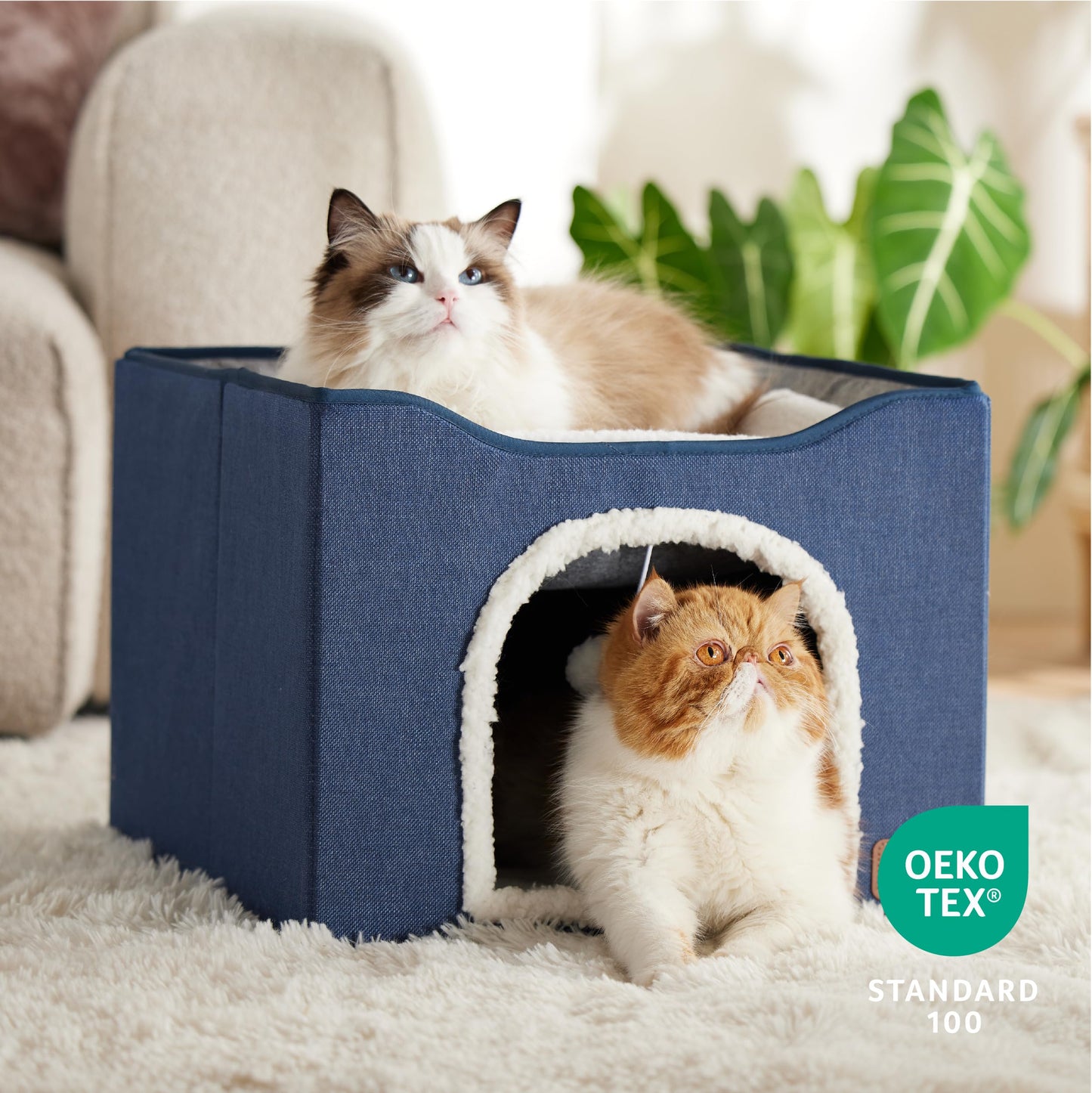 Bedsure Cat Beds for Indoor Cats - Large Cat Cave for Pet Cat House with Fluffy Ball Hanging and Scratch Pad, Foldable Cat Hideaway, 16.5x16.5x13 inches, Grey