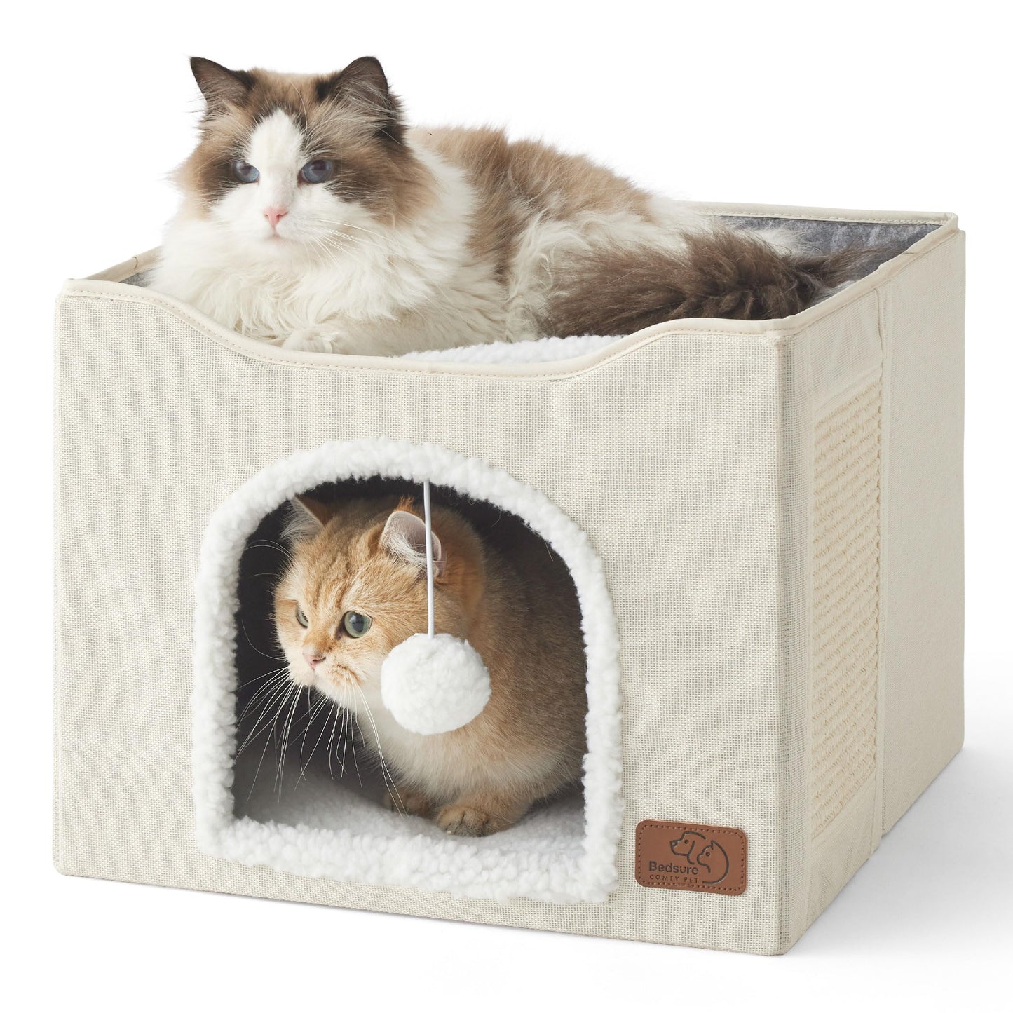 Bedsure Cat Beds for Indoor Cats - Large Cat Cave for Pet Cat House with Fluffy Ball Hanging and Scratch Pad, Foldable Cat Hideaway, 16.5x16.5x13 inches, Grey