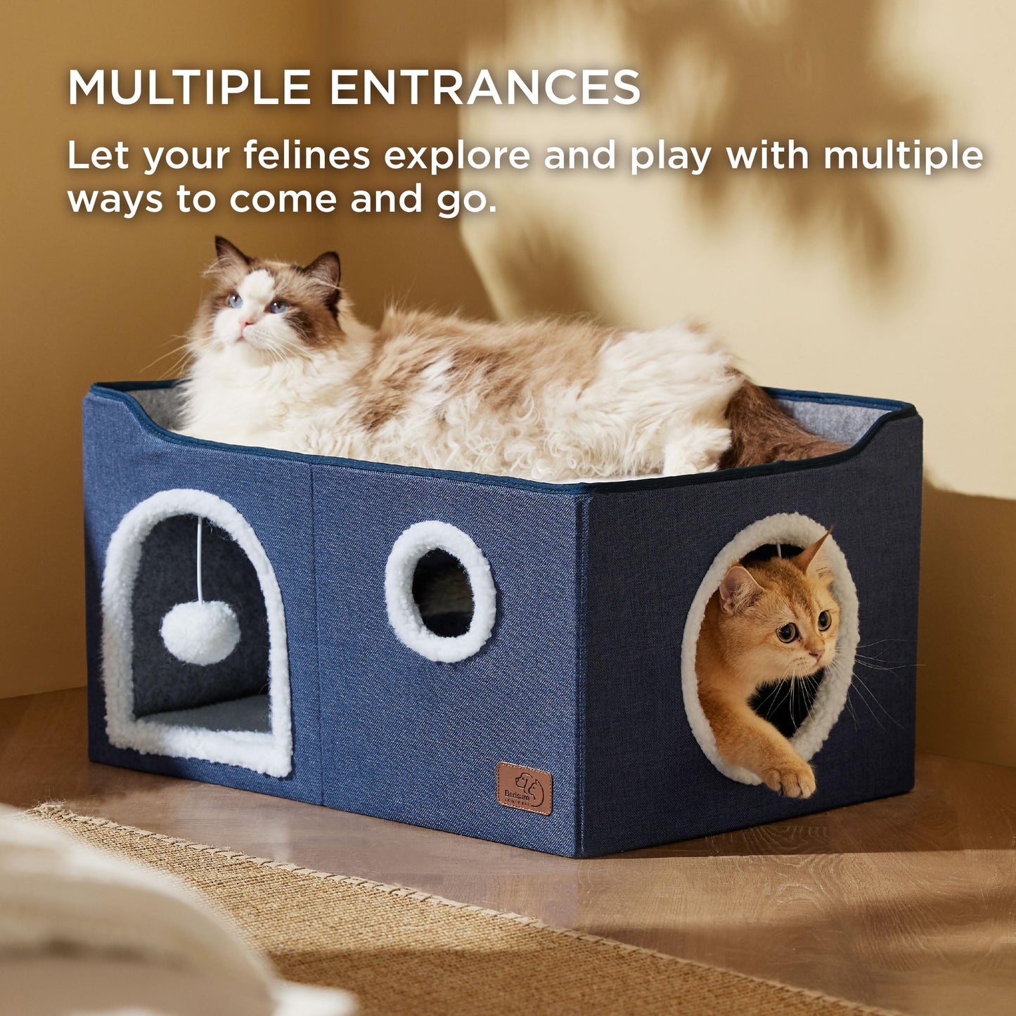 Bedsure Cat Beds for Indoor Cats - Large Cat Cave for Pet Cat House with Fluffy Ball Hanging and Scratch Pad, Foldable Cat Hideaway, 16.5x16.5x13 inches, Grey