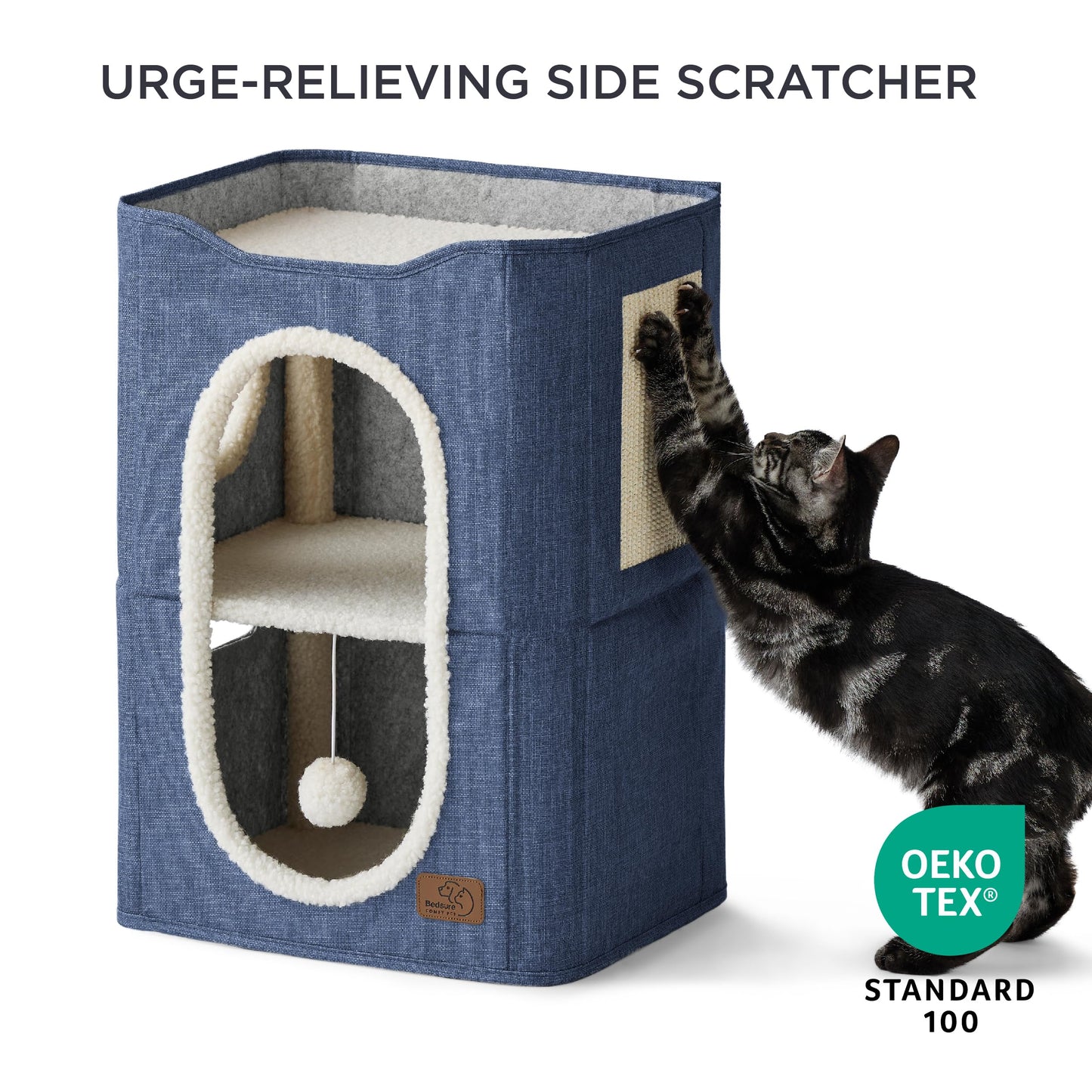 Bedsure Cat Beds for Indoor Cats - Large Cat Cave for Pet Cat House with Fluffy Ball Hanging and Scratch Pad, Foldable Cat Hideaway, 16.5x16.5x13 inches, Grey