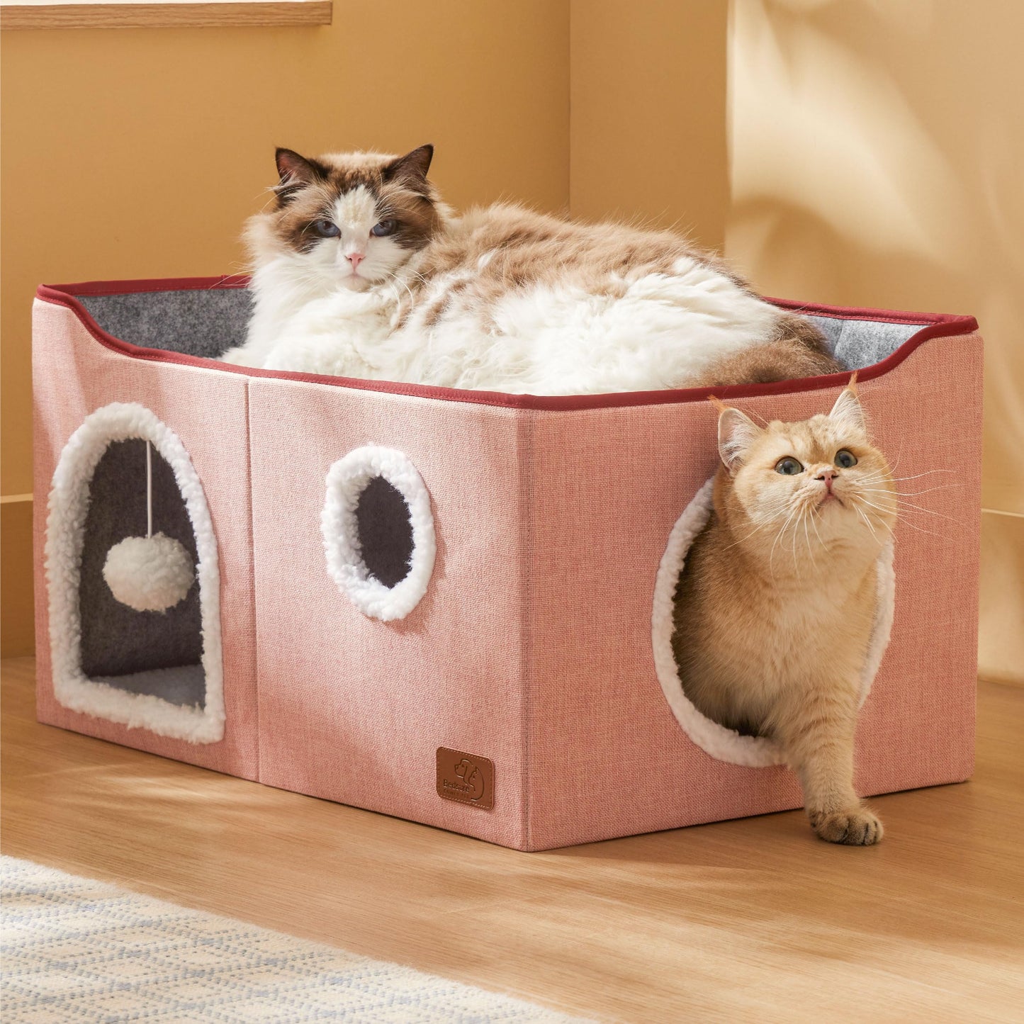 Bedsure Cat Beds for Indoor Cats - Large Cat Cave for Pet Cat House with Fluffy Ball Hanging and Scratch Pad, Foldable Cat Hideaway, 16.5x16.5x13 inches, Grey