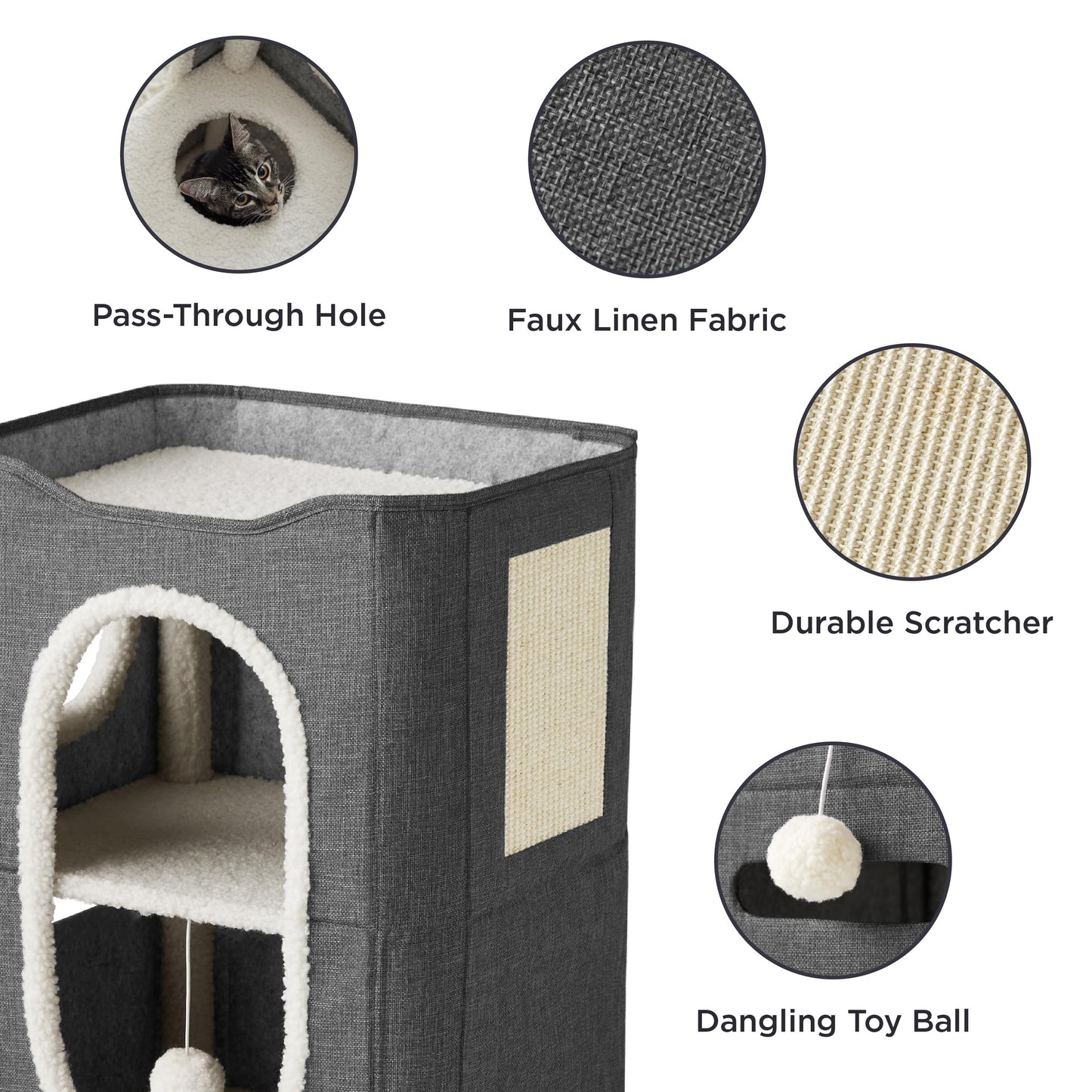 Bedsure Cat Beds for Indoor Cats - Large Cat Cave for Pet Cat House with Fluffy Ball Hanging and Scratch Pad, Foldable Cat Hideaway, 16.5x16.5x13 inches, Grey