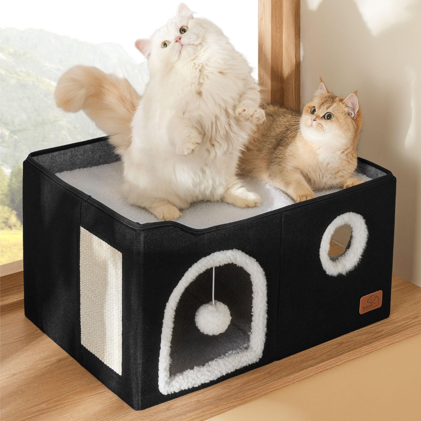 Bedsure Cat Beds for Indoor Cats - Large Cat Cave for Pet Cat House with Fluffy Ball Hanging and Scratch Pad, Foldable Cat Hideaway, 16.5x16.5x13 inches, Grey