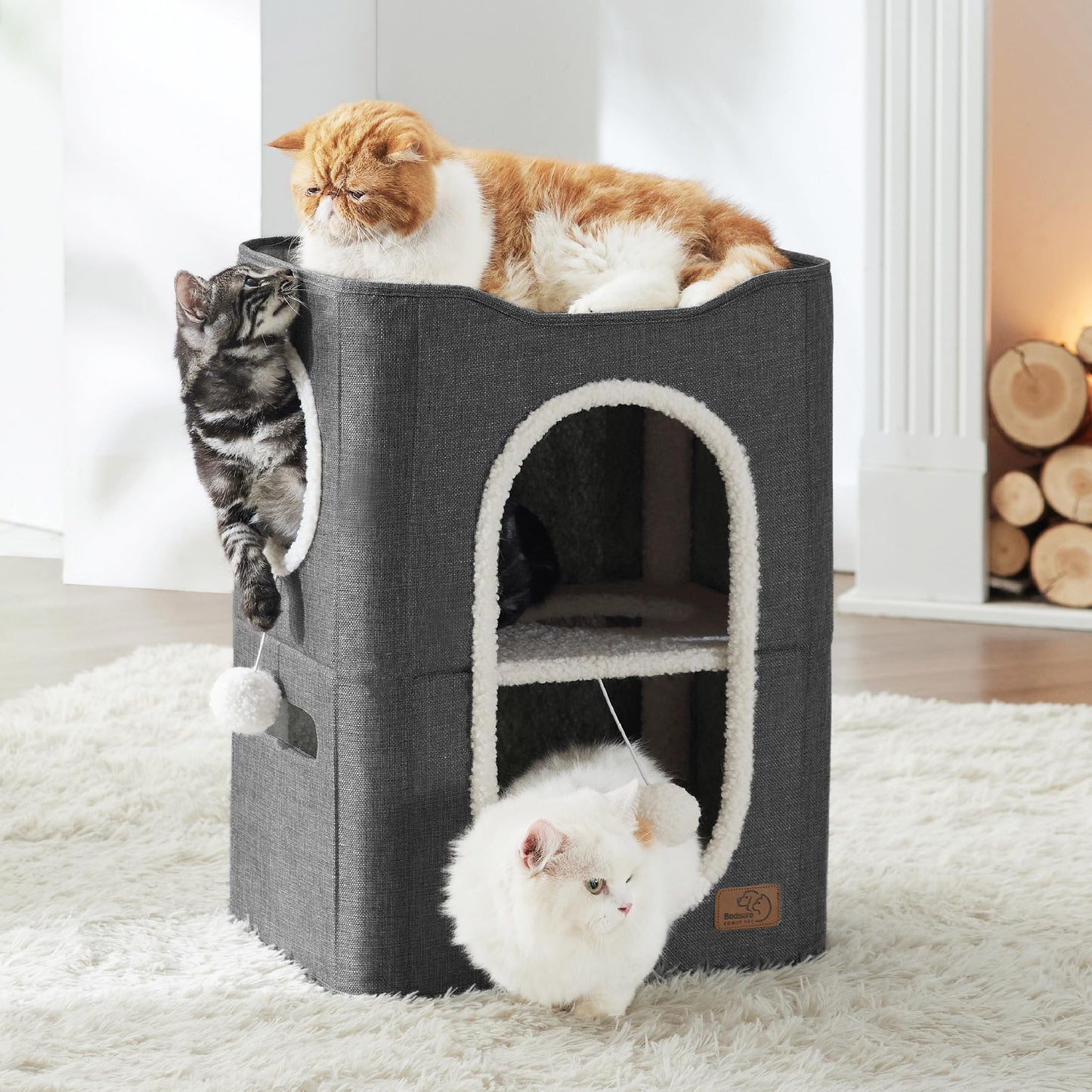 Bedsure Cat Beds for Indoor Cats - Large Cat Cave for Pet Cat House with Fluffy Ball Hanging and Scratch Pad, Foldable Cat Hideaway, 16.5x16.5x13 inches, Grey