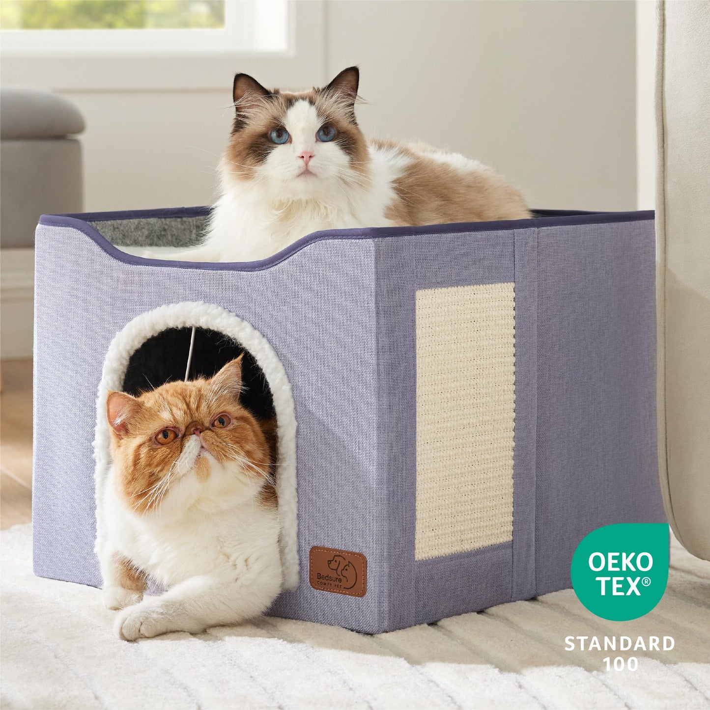 Bedsure Cat Beds for Indoor Cats - Large Cat Cave for Pet Cat House with Fluffy Ball Hanging and Scratch Pad, Foldable Cat Hideaway, 16.5x16.5x13 inches, Grey