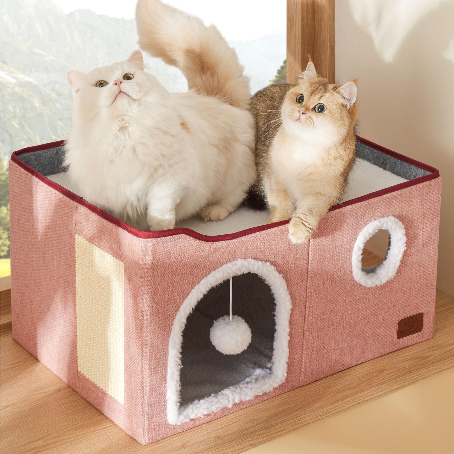 Bedsure Cat Beds for Indoor Cats - Large Cat Cave for Pet Cat House with Fluffy Ball Hanging and Scratch Pad, Foldable Cat Hideaway, 16.5x16.5x13 inches, Grey