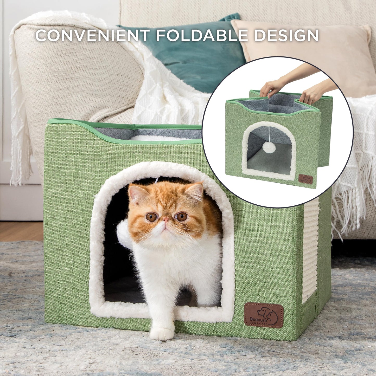 Bedsure Cat Beds for Indoor Cats - Large Cat Cave for Pet Cat House with Fluffy Ball Hanging and Scratch Pad, Foldable Cat Hideaway, 16.5x16.5x13 inches, Grey