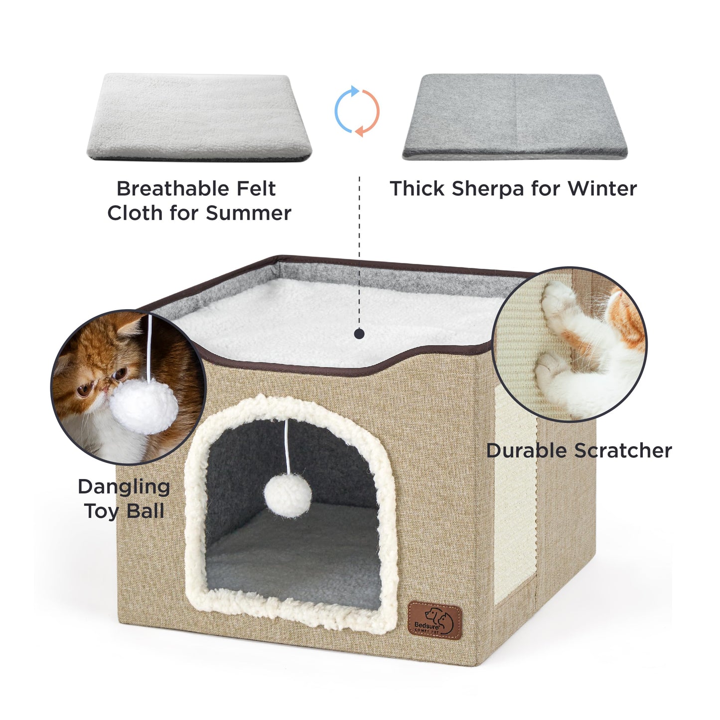 Bedsure Cat Beds for Indoor Cats - Large Cat Cave for Pet Cat House with Fluffy Ball Hanging and Scratch Pad, Foldable Cat Hideaway, 16.5x16.5x13 inches, Grey