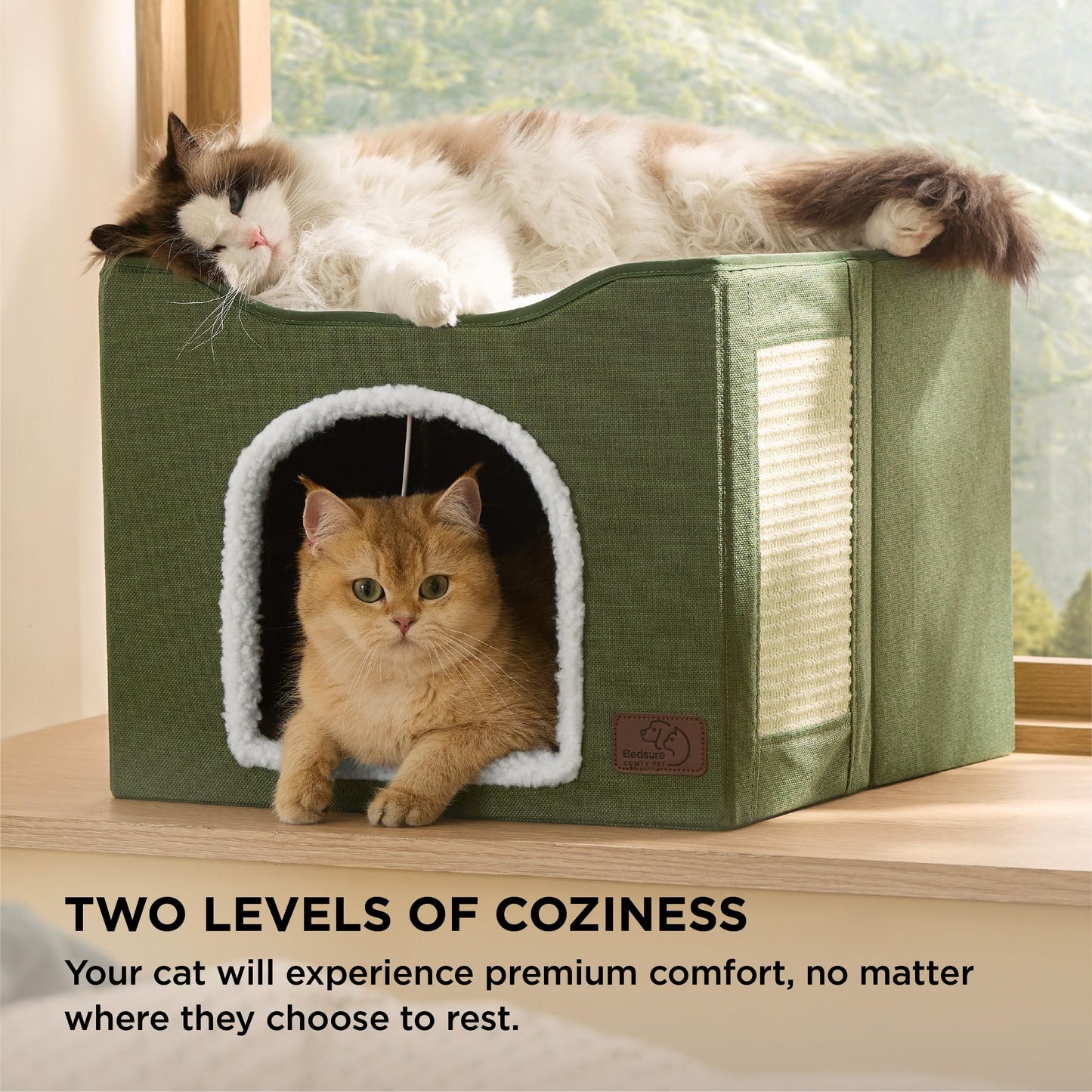 Bedsure Cat Beds for Indoor Cats - Large Cat Cave for Pet Cat House with Fluffy Ball Hanging and Scratch Pad, Foldable Cat Hideaway, 16.5x16.5x13 inches, Grey