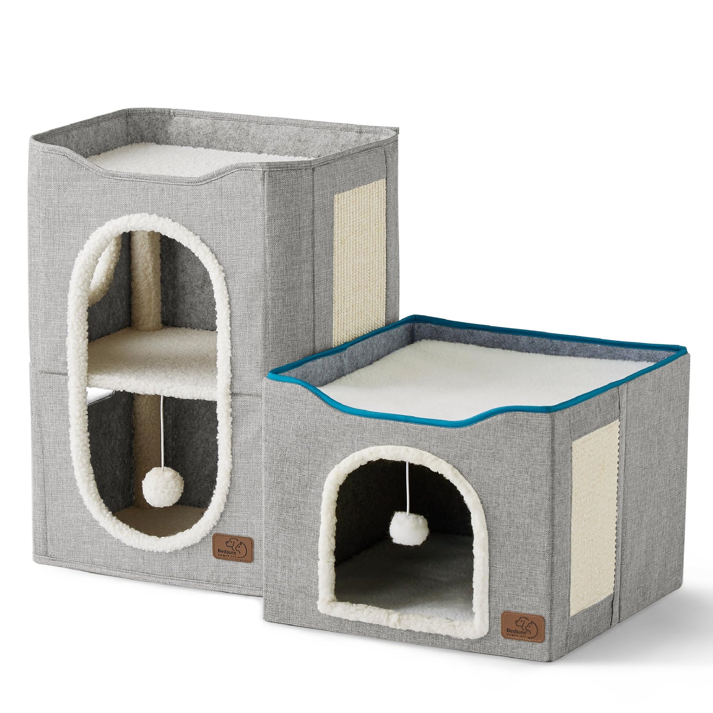 Bedsure Cat Beds for Indoor Cats - Large Cat Cave for Pet Cat House with Fluffy Ball Hanging and Scratch Pad, Foldable Cat Hideaway, 16.5x16.5x13 inches, Grey