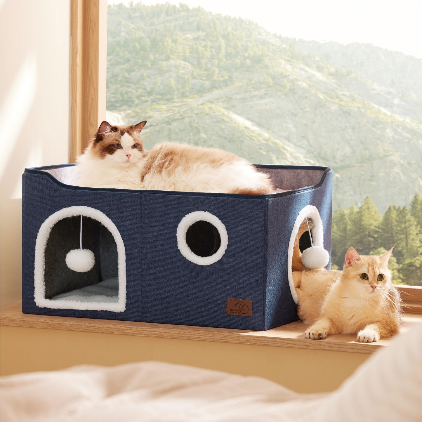 Bedsure Cat Beds for Indoor Cats - Large Cat Cave for Pet Cat House with Fluffy Ball Hanging and Scratch Pad, Foldable Cat Hideaway, 16.5x16.5x13 inches, Grey