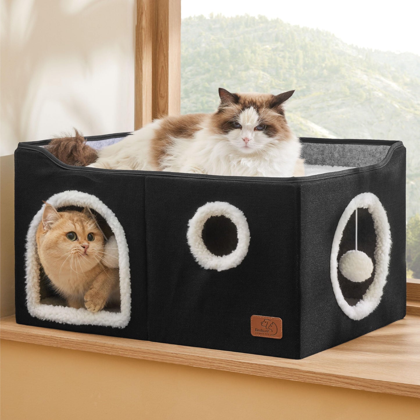 Bedsure Cat Beds for Indoor Cats - Large Cat Cave for Pet Cat House with Fluffy Ball Hanging and Scratch Pad, Foldable Cat Hideaway, 16.5x16.5x13 inches, Grey